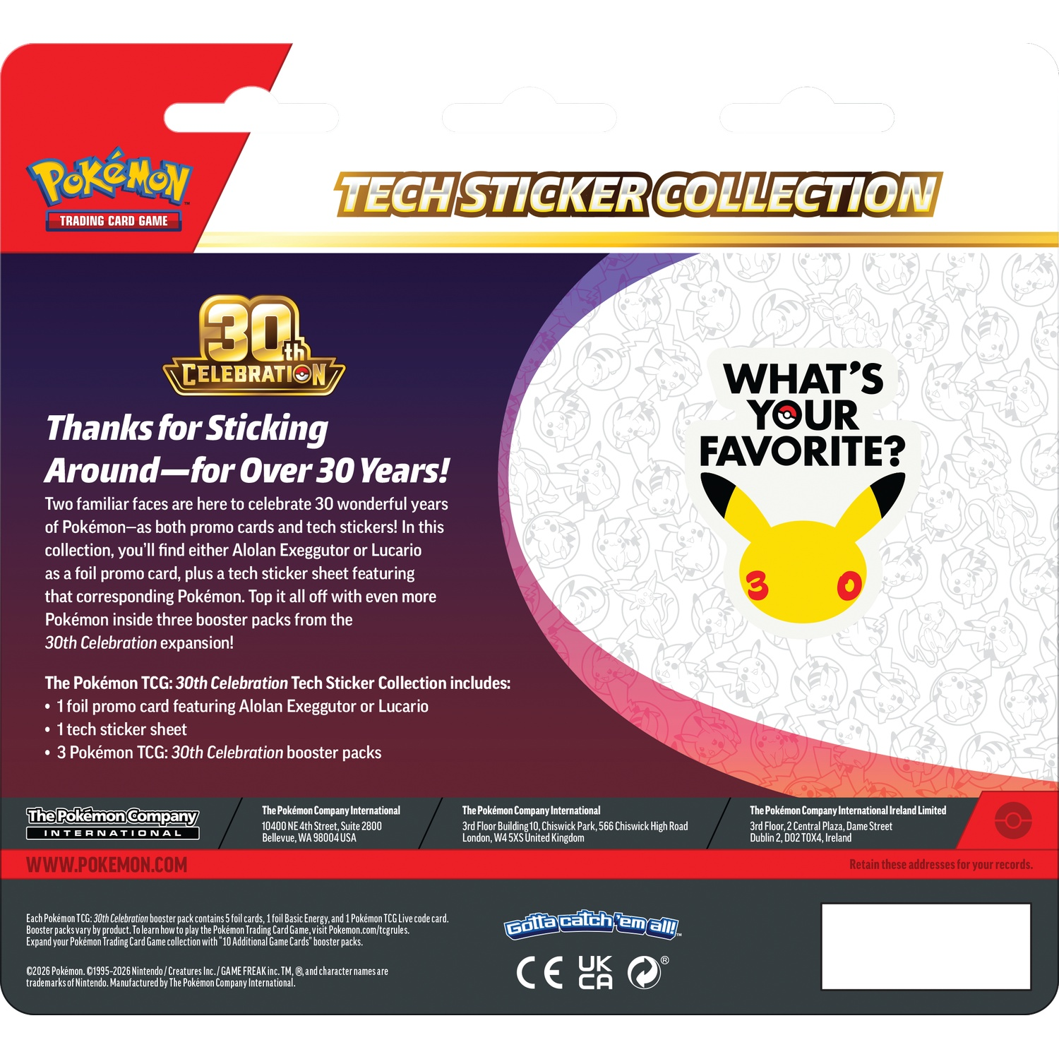 De achterkant van een Pokémon TCG 30th Celebration Tech Sticker Collection doos met details.