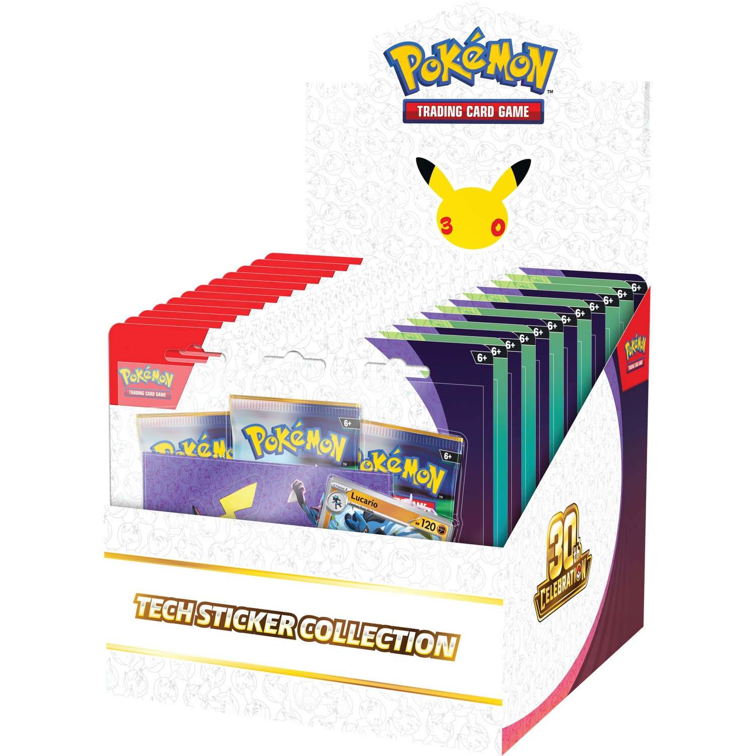 Een Pokémon 30th Celebration Tech Sticker Collection displaydoos met boosterpacks en een Lucario-kaart.