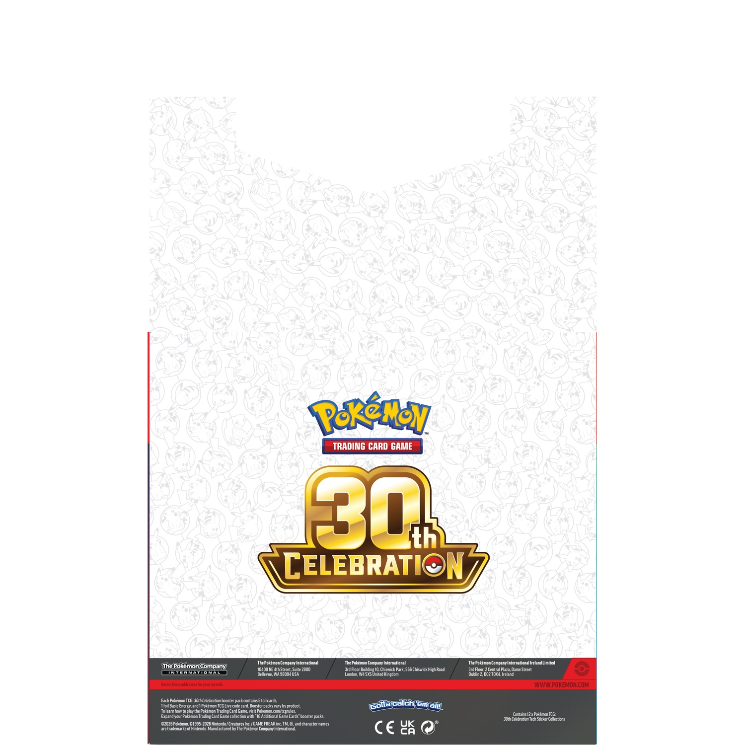 Pokémon TCG 30th Celebration verpakking met gouden cijfer en Pikachu-patroon.