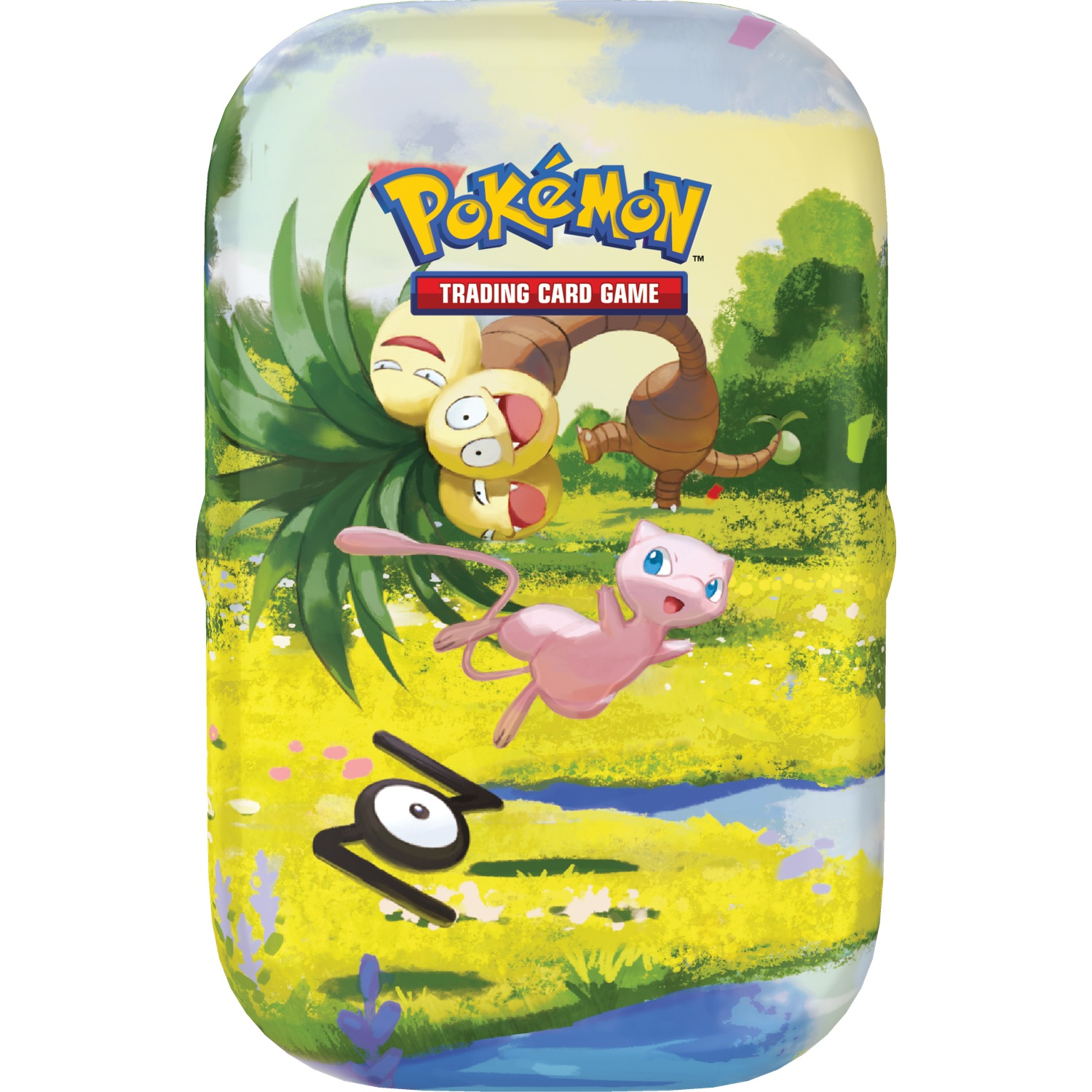 Pokémon TCG blik met Mew, Exeggutor en Unown in een kleurrijk landschap.