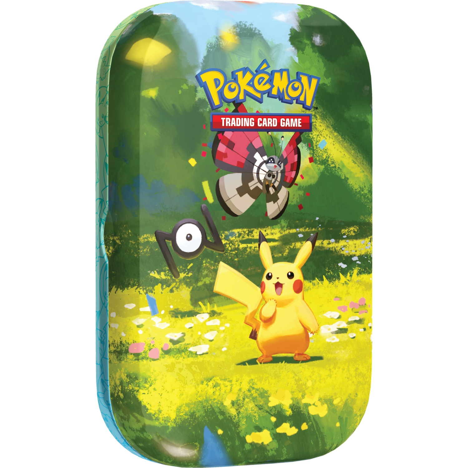 Pokémon Trading Card Game blik met Pikachu, Vivillon en Unown in een groen bos.