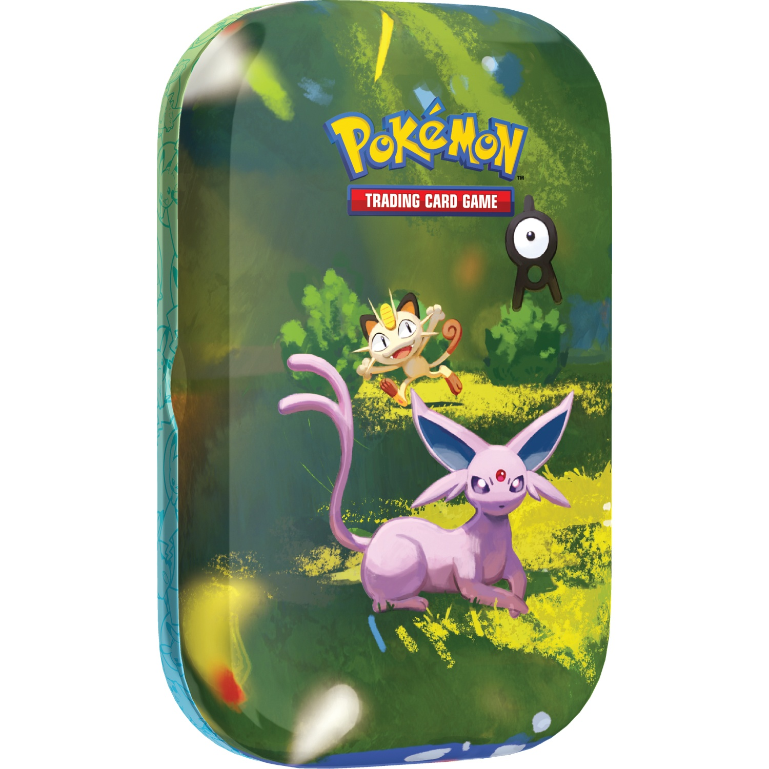 Groene Pokémon Trading Card Game tin met Espeon, Meowth en Unown in een bosscène.