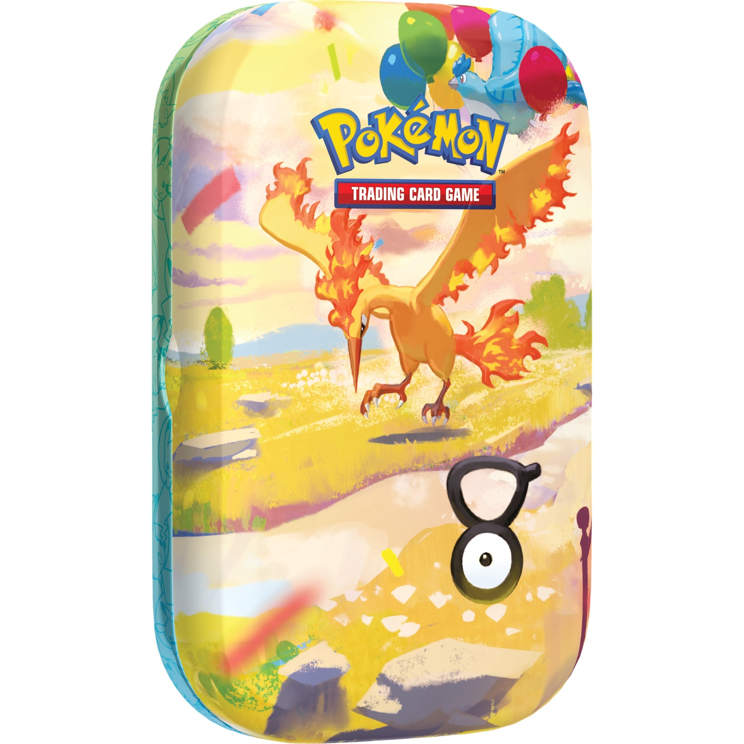 Pokémon Trading Card Game-blik met een gouden vogel-Pokémon en kleurrijke ballonnen op de achtergrond.