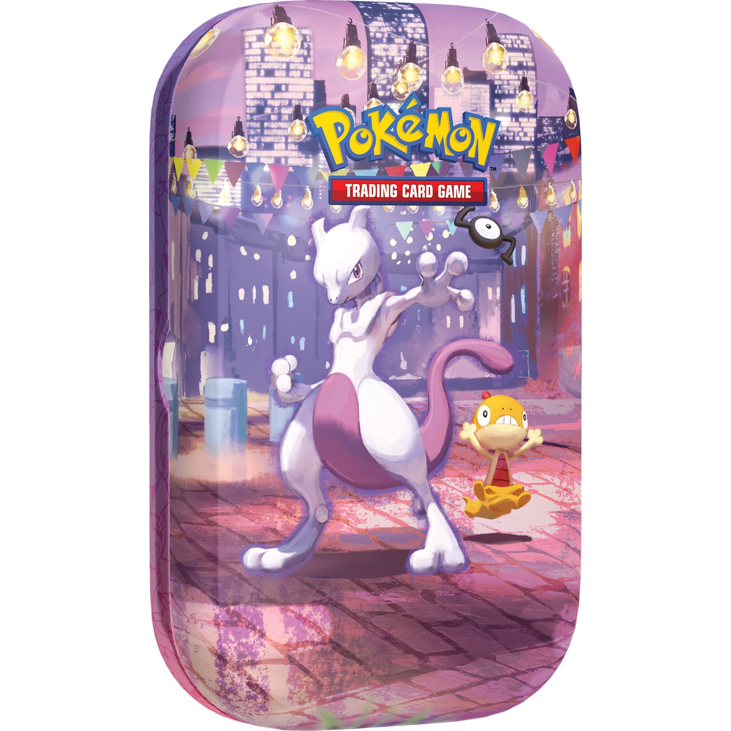 Een paarse Pokémon TCG-blik met Mewtwo, Scraggy en Unown voor een verlichte nachtenstad.