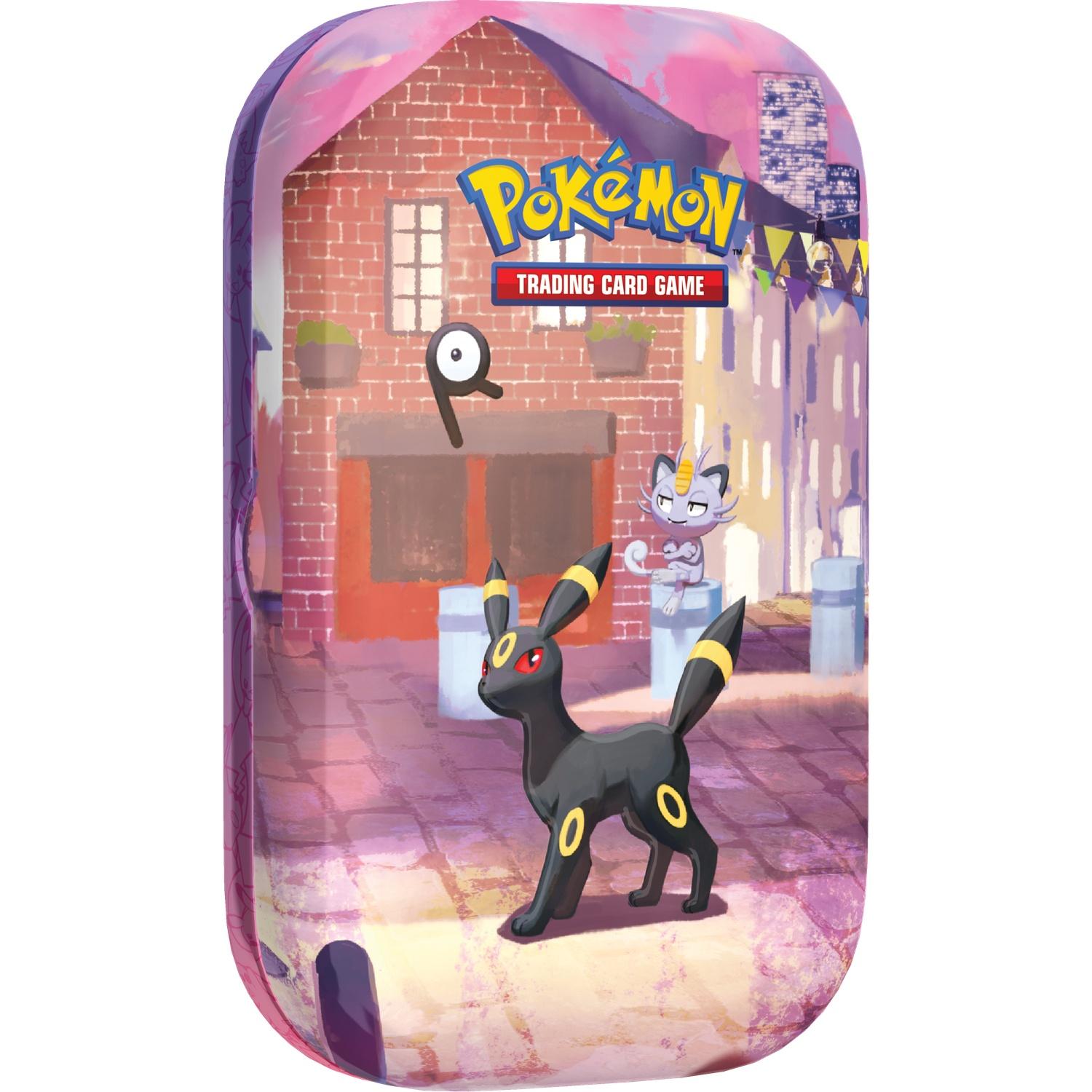 Pokémon TCG-blik met Umbreon, Meowth en Unown in een stedelijke straat.