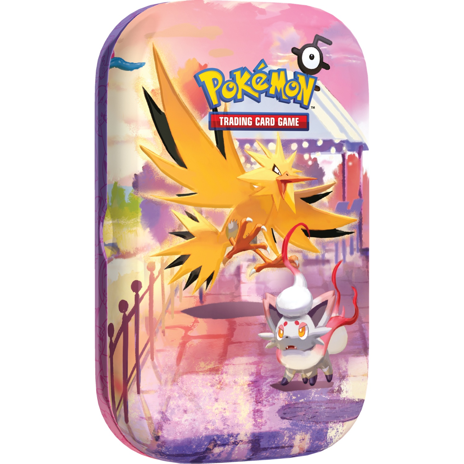 Pokémon Trading Card Game blik met Zapdos en Hisui Zorua tegen een roZE achtergrond.
