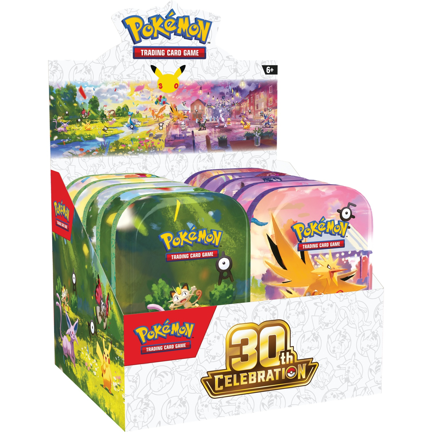 Pokémon 30th Celebration Trading Card Game display met kleurrijke blikken.