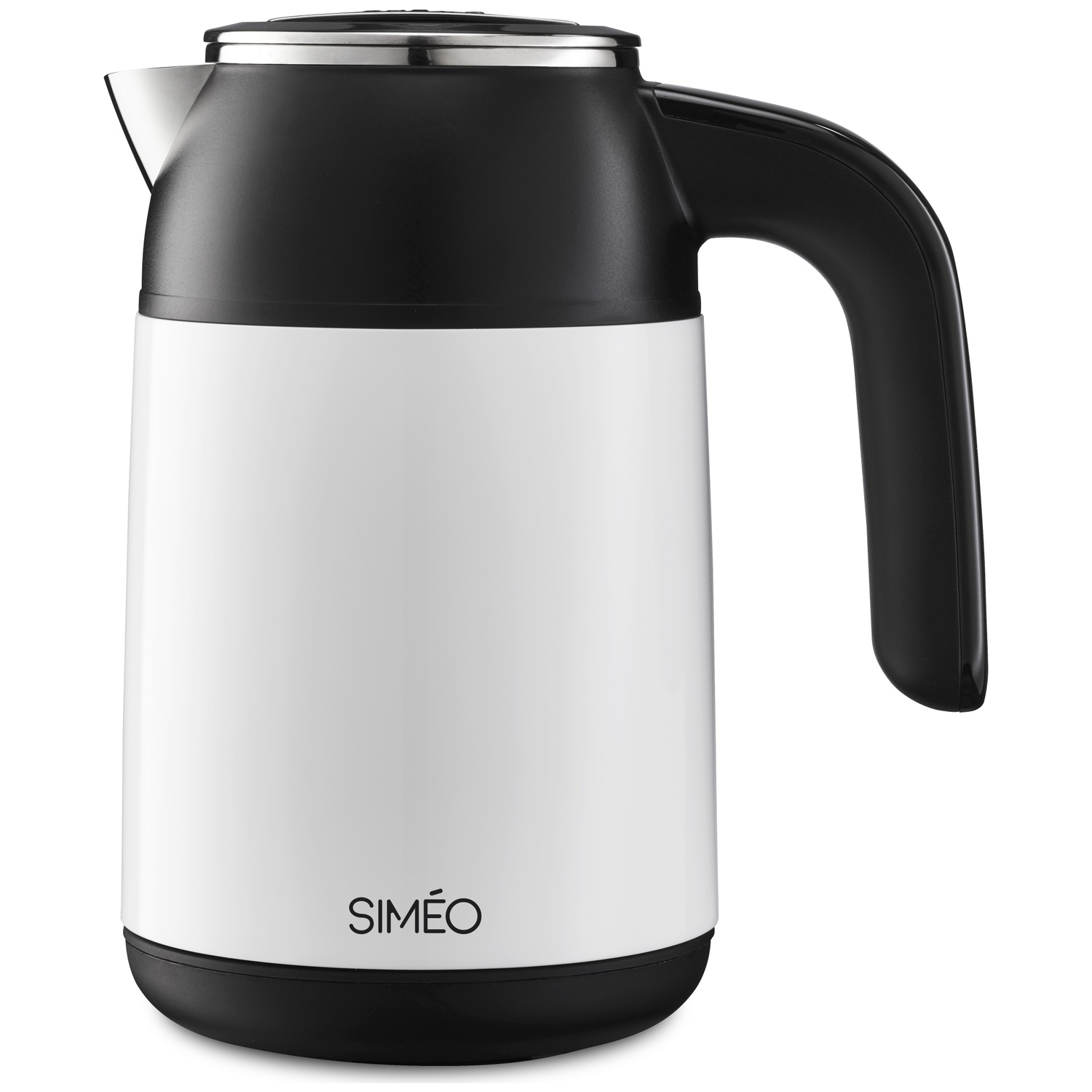 A white and black electric kettle featuring the Siméo logo, isolated on a white background.