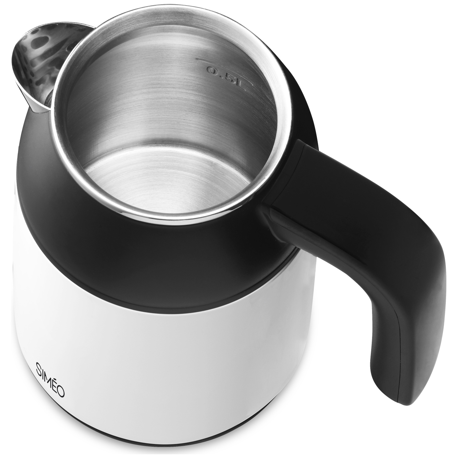 An open electric kettle with a black handle and silver body on a white background.