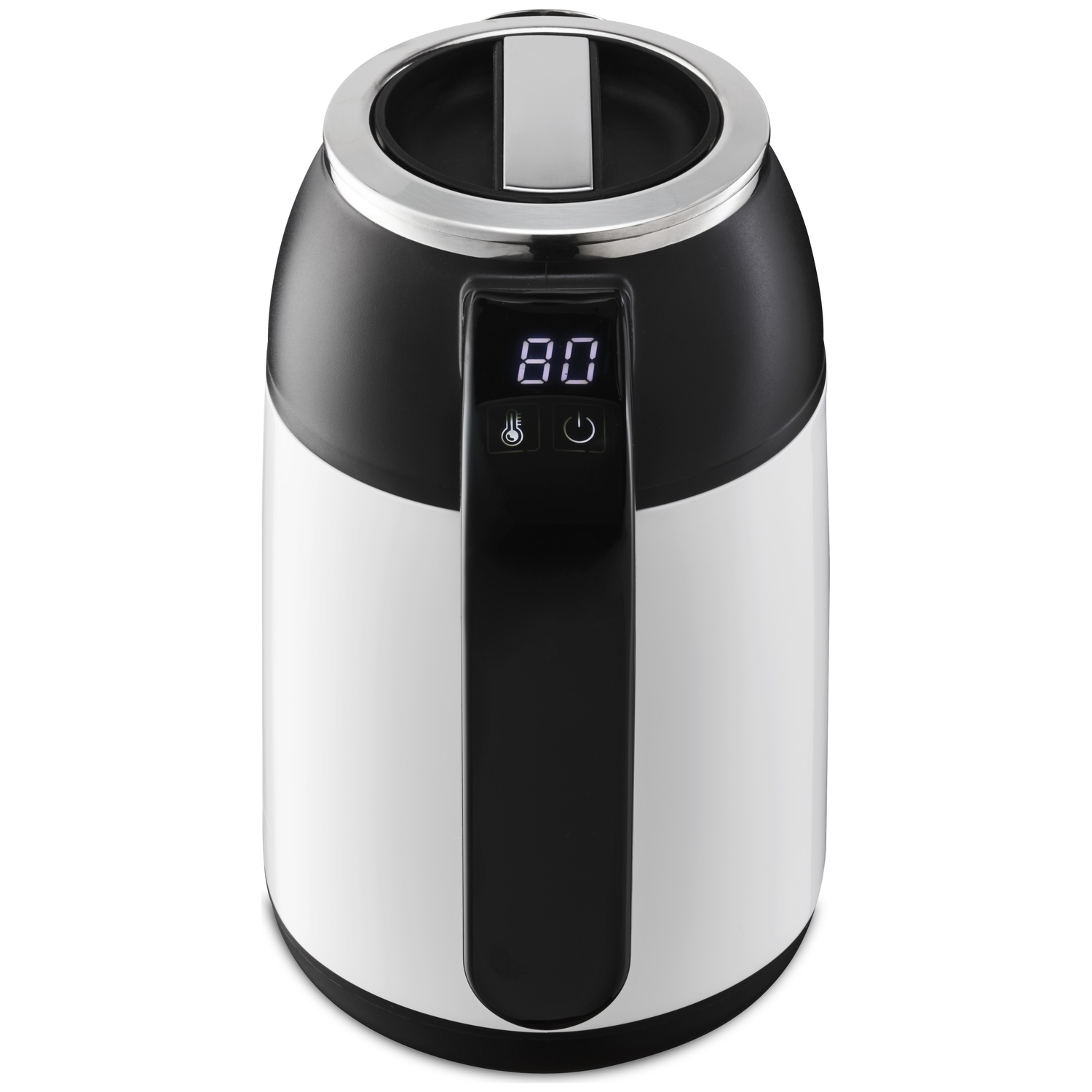 A white and black electric kettle with a digital display and temperature readout on a white background.
