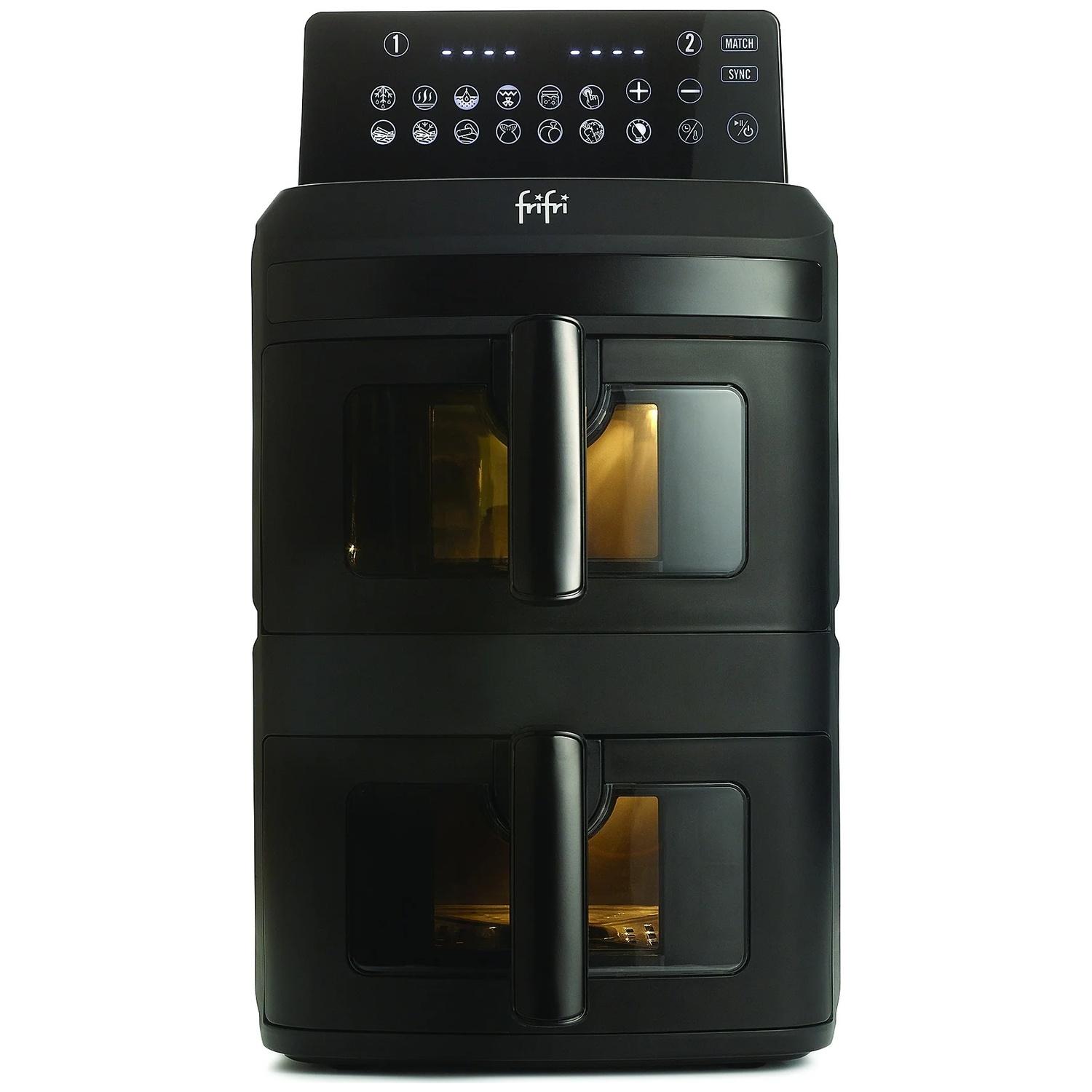 Black Fritel air fryer with two stacked drawers and a digital control panel on top.