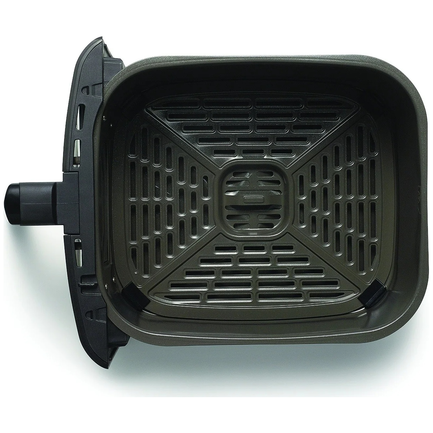 A black air fryer basket with insert and handle on a white background.