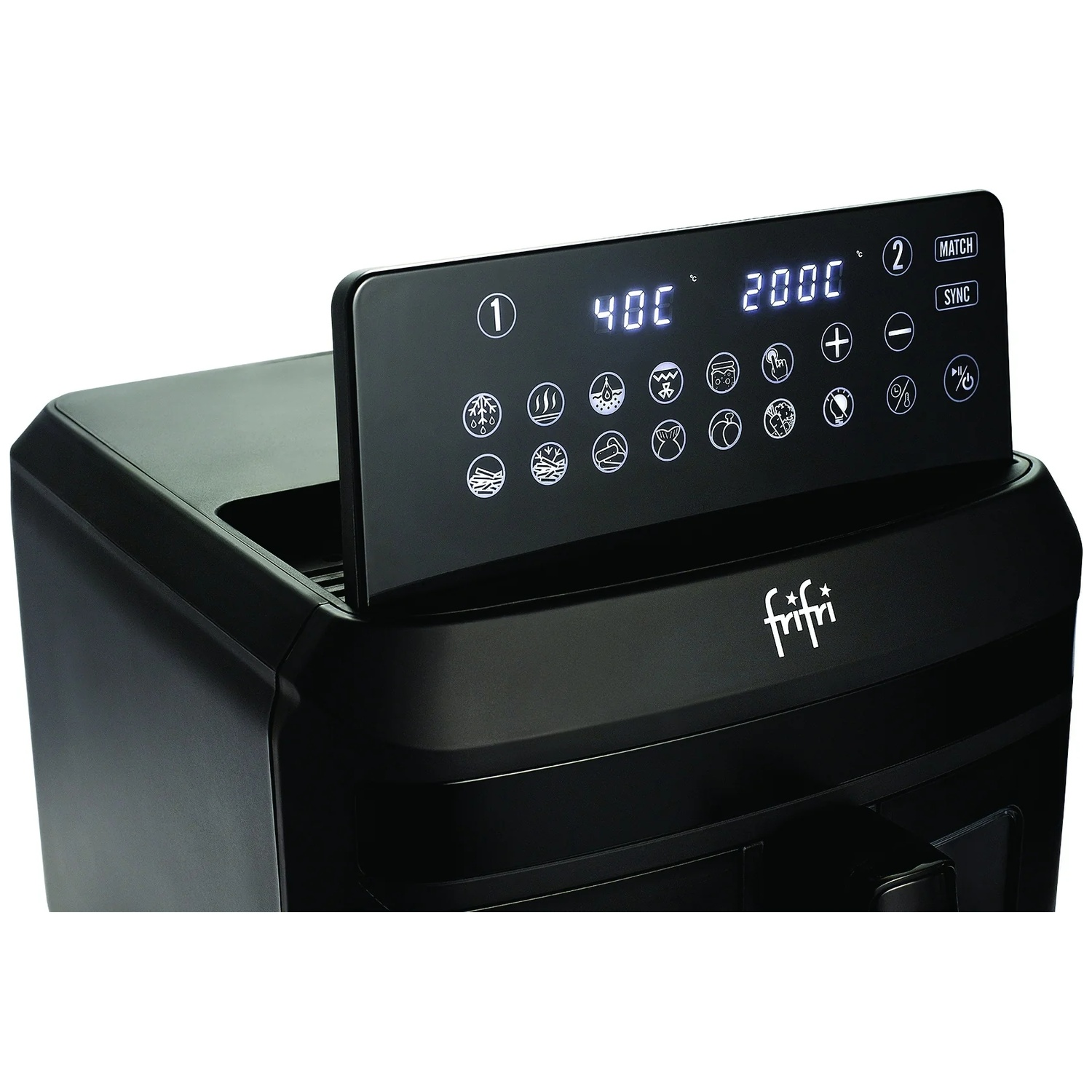 Black air fryer with digital control panel and white Frifri logo on the front.