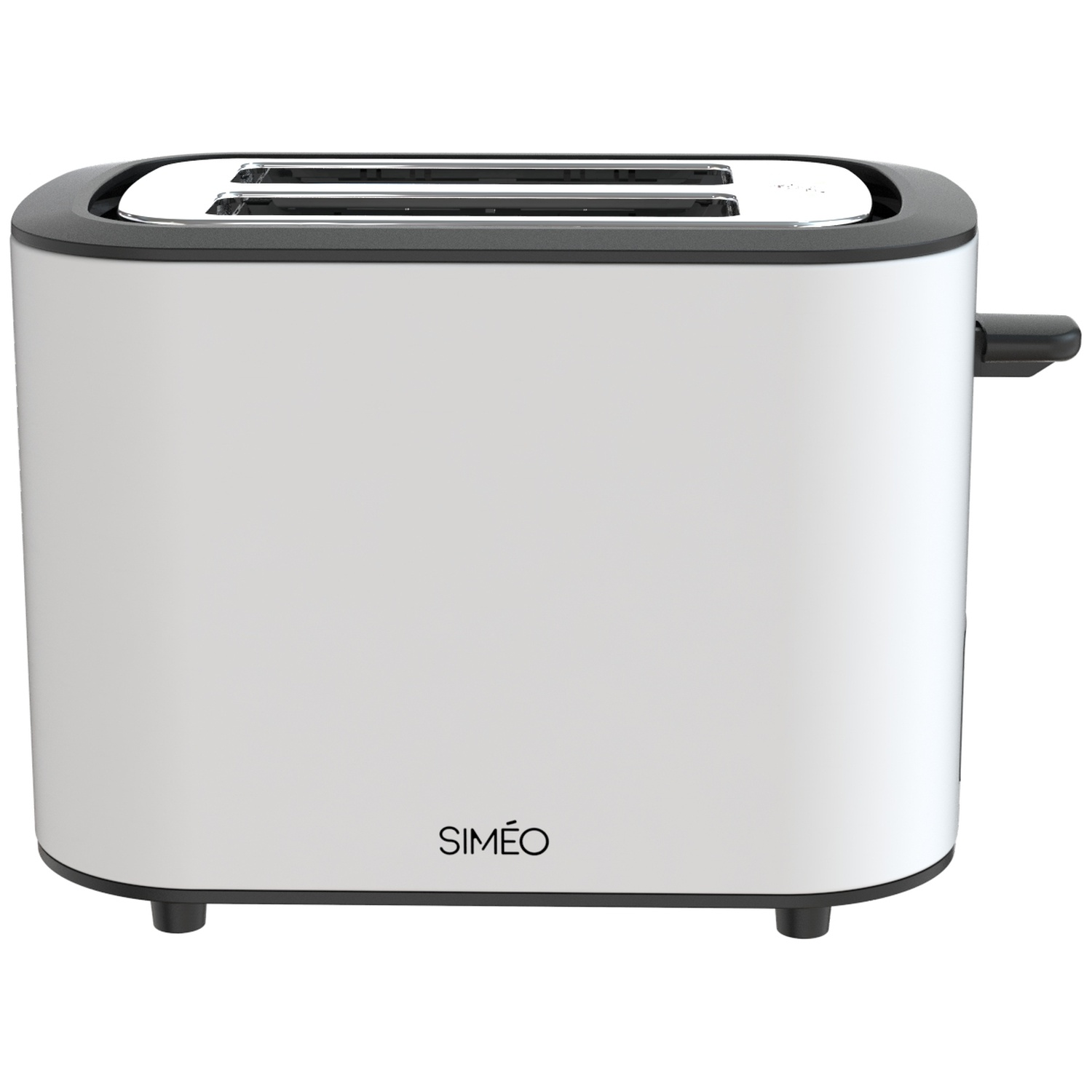 A white toaster with a black rim and two slots on a white surface.