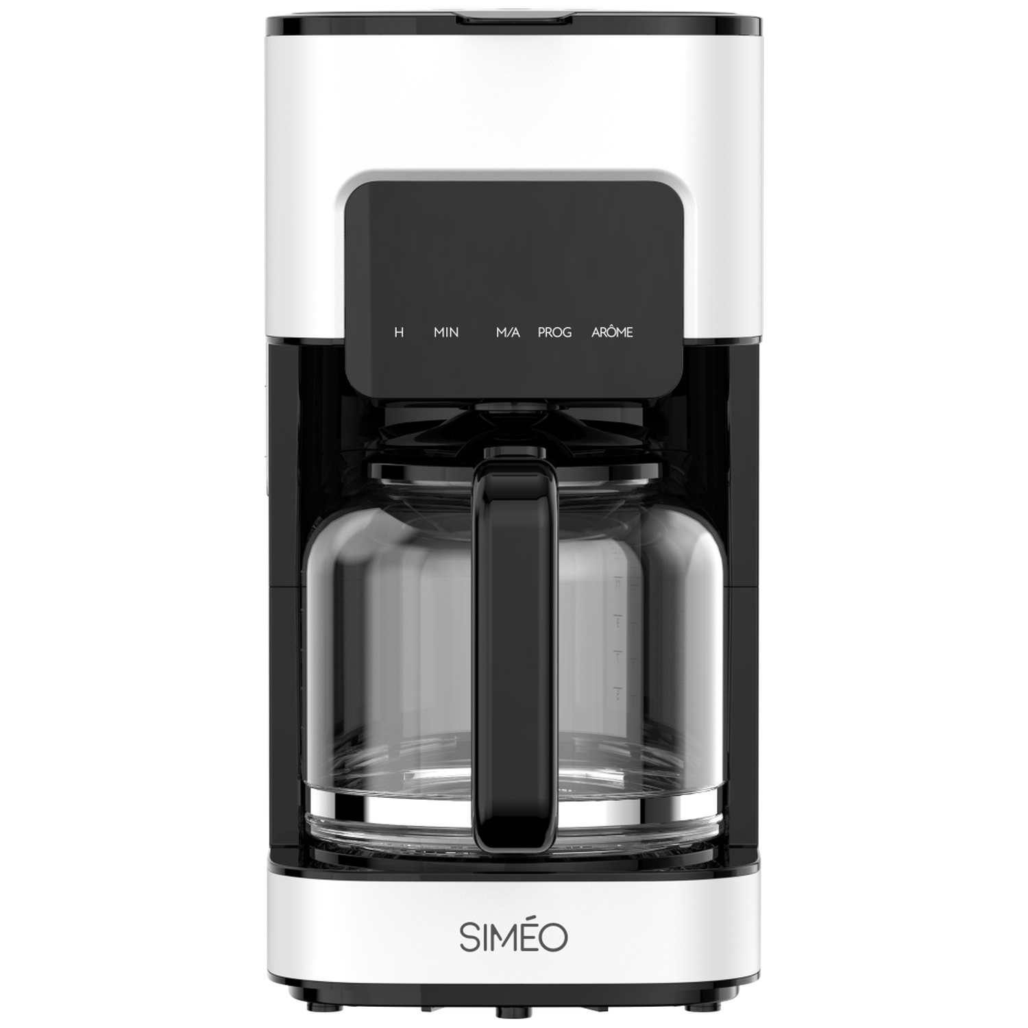 A modern white and black drip coffee maker with a glass carafe on a white background.