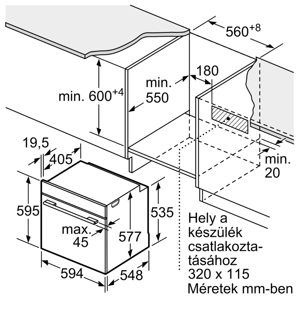 Beépíthető sütő műszaki rajza milliméterben megadott méretekkel a konyhai beszereléshez.