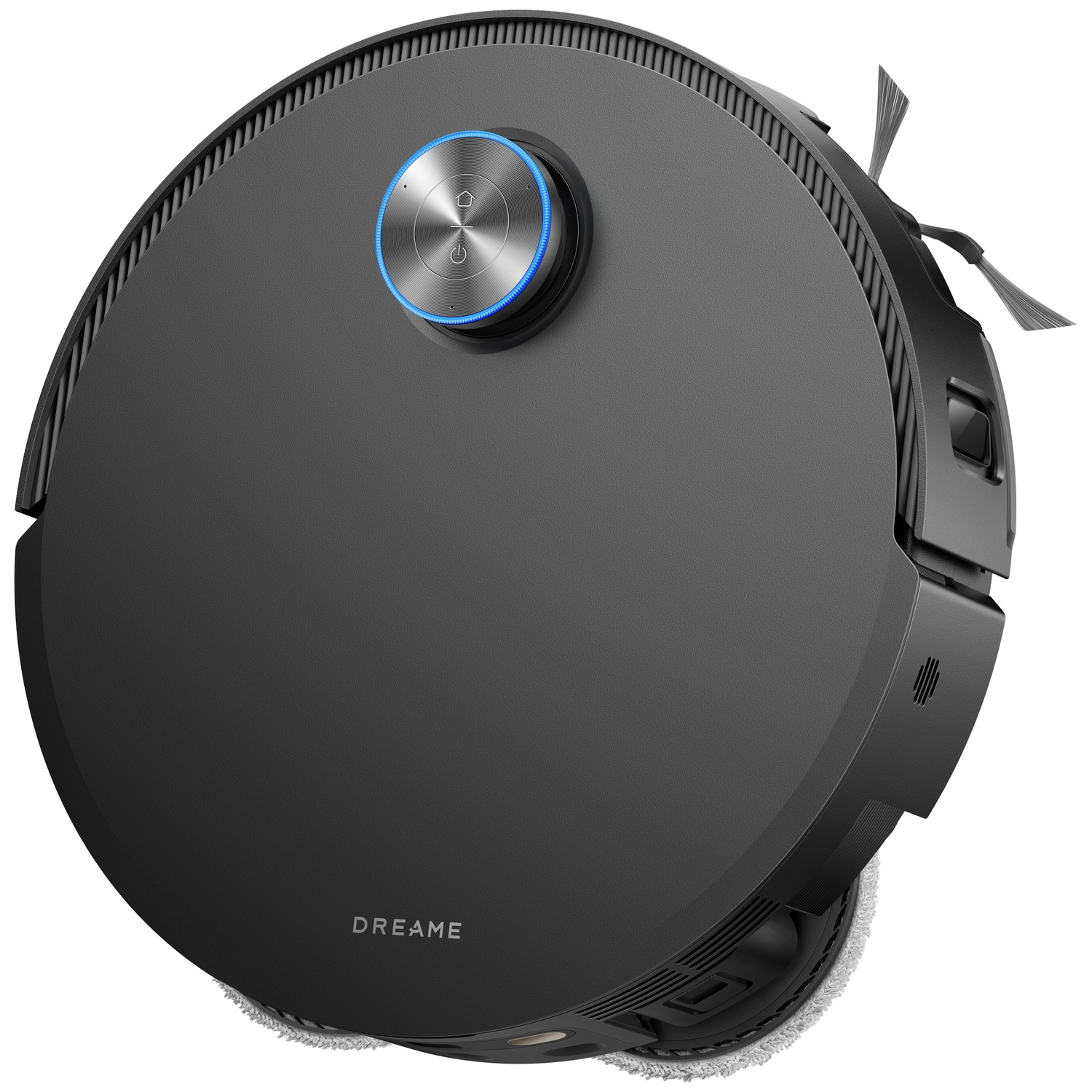 Un robot aspirateur et laveur Dreame noir, de forme ronde et voyant bleu.