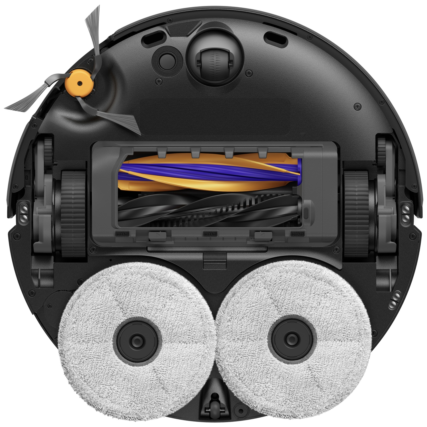 Dessous d'un robot aspirateur noir avec brosse rotative, brosse latérale et deux serpillères rondes blanches.