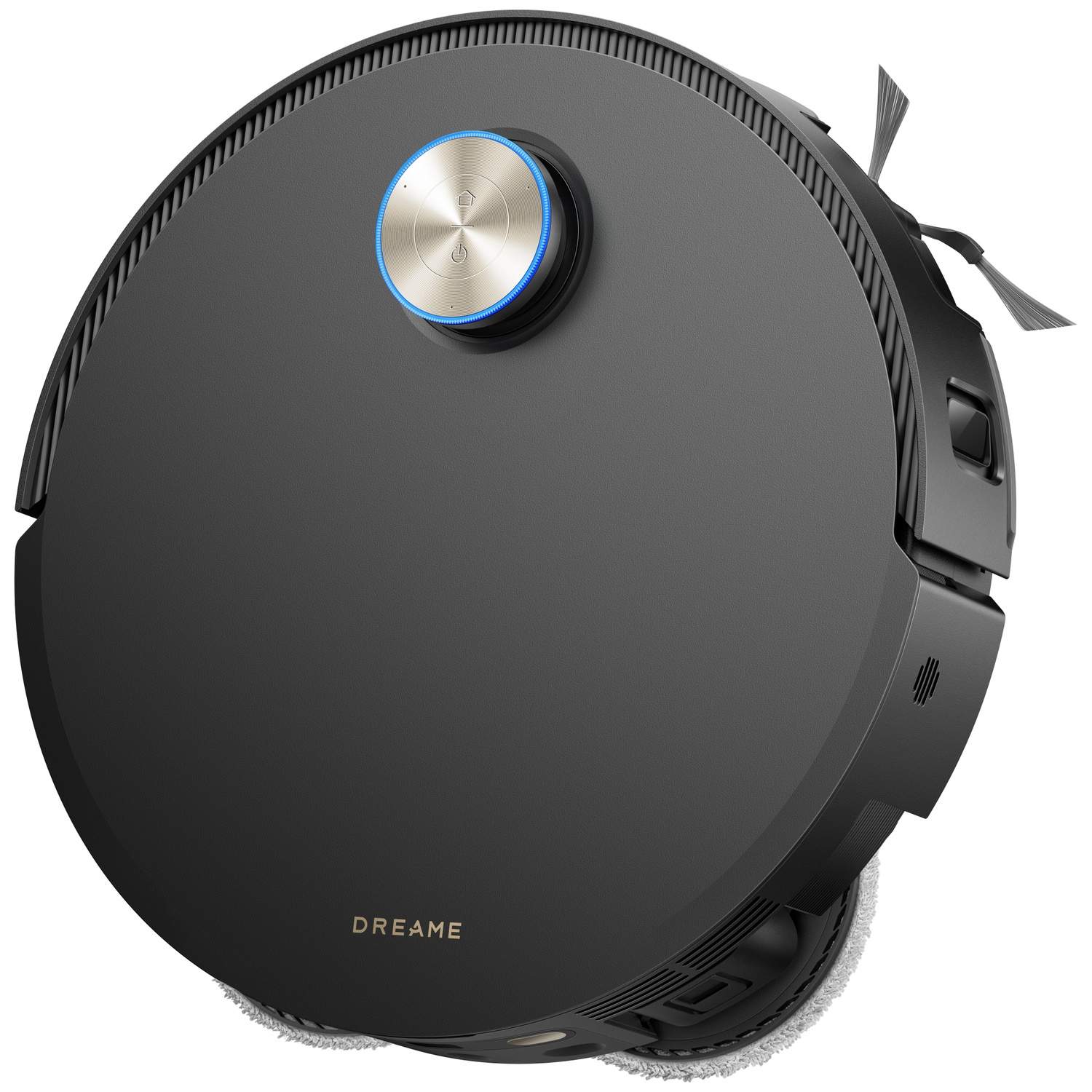 Aspirateur robot rond noir avec accents argentés et voyant LED bleu.