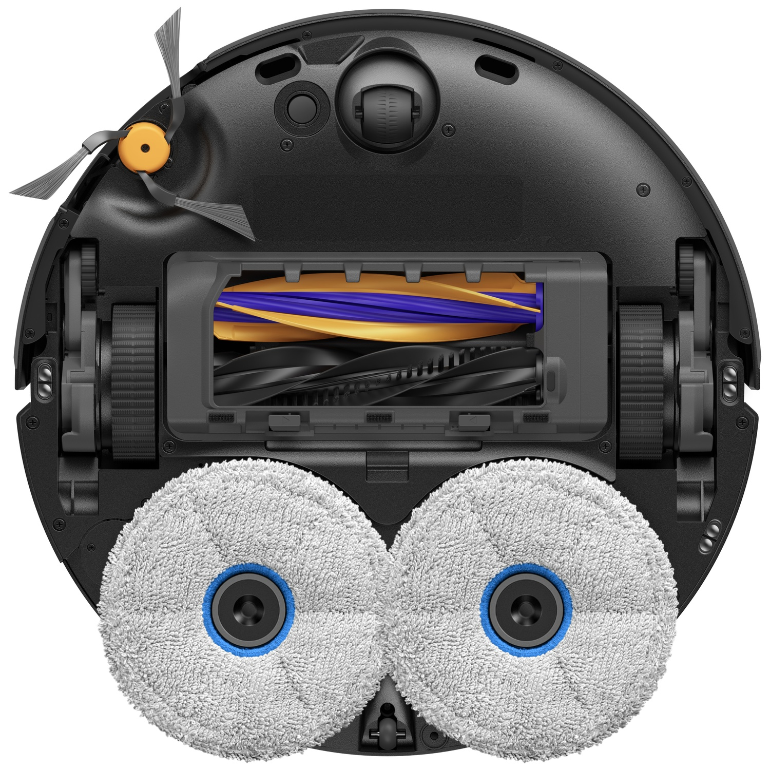 Dessous d'un aspirateur robot noir avec des brosses rotatives et deux serpillères rondes.