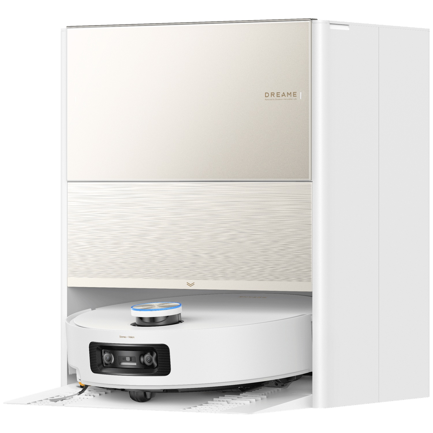 Une station d'accueil pour robot aspirateur Dreame blanche et dorée avec un robot aspirateur blanc.