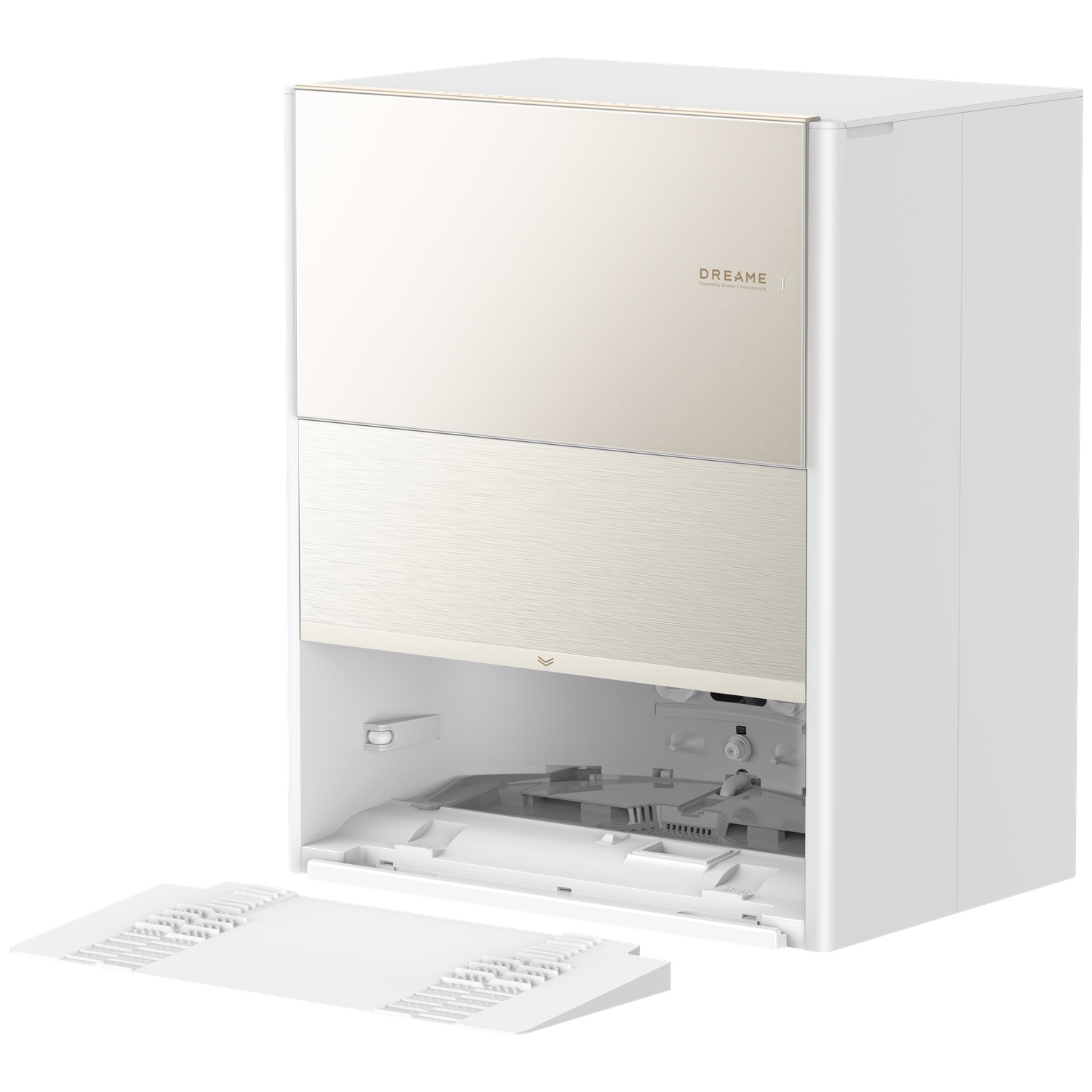 Une station de base d'aspirateur robot Dreame blanc et or avec un compartiment de nettoyage ouvert.