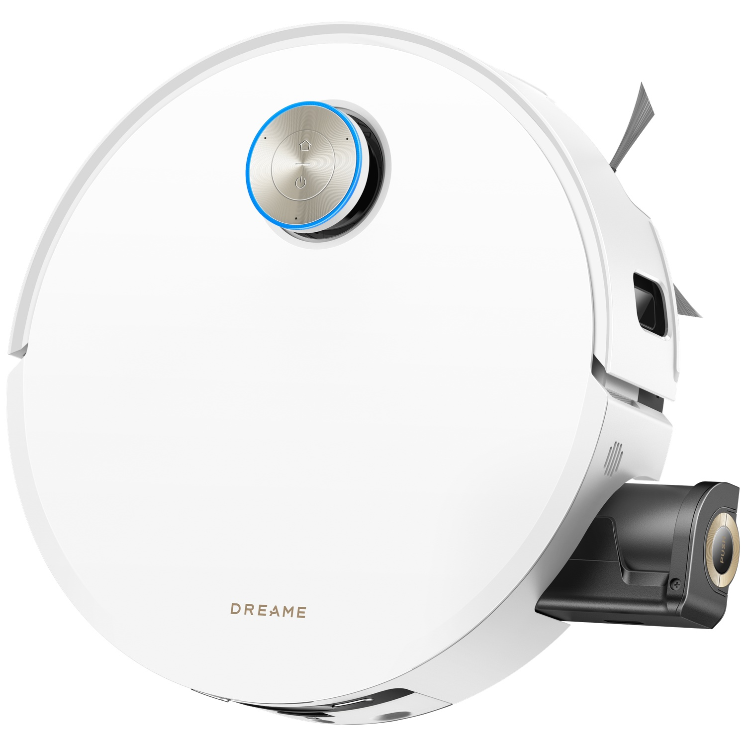 Aspirateur robot Dreame blanc avec des accents argentés et une station noire latérale sur fond blanc.