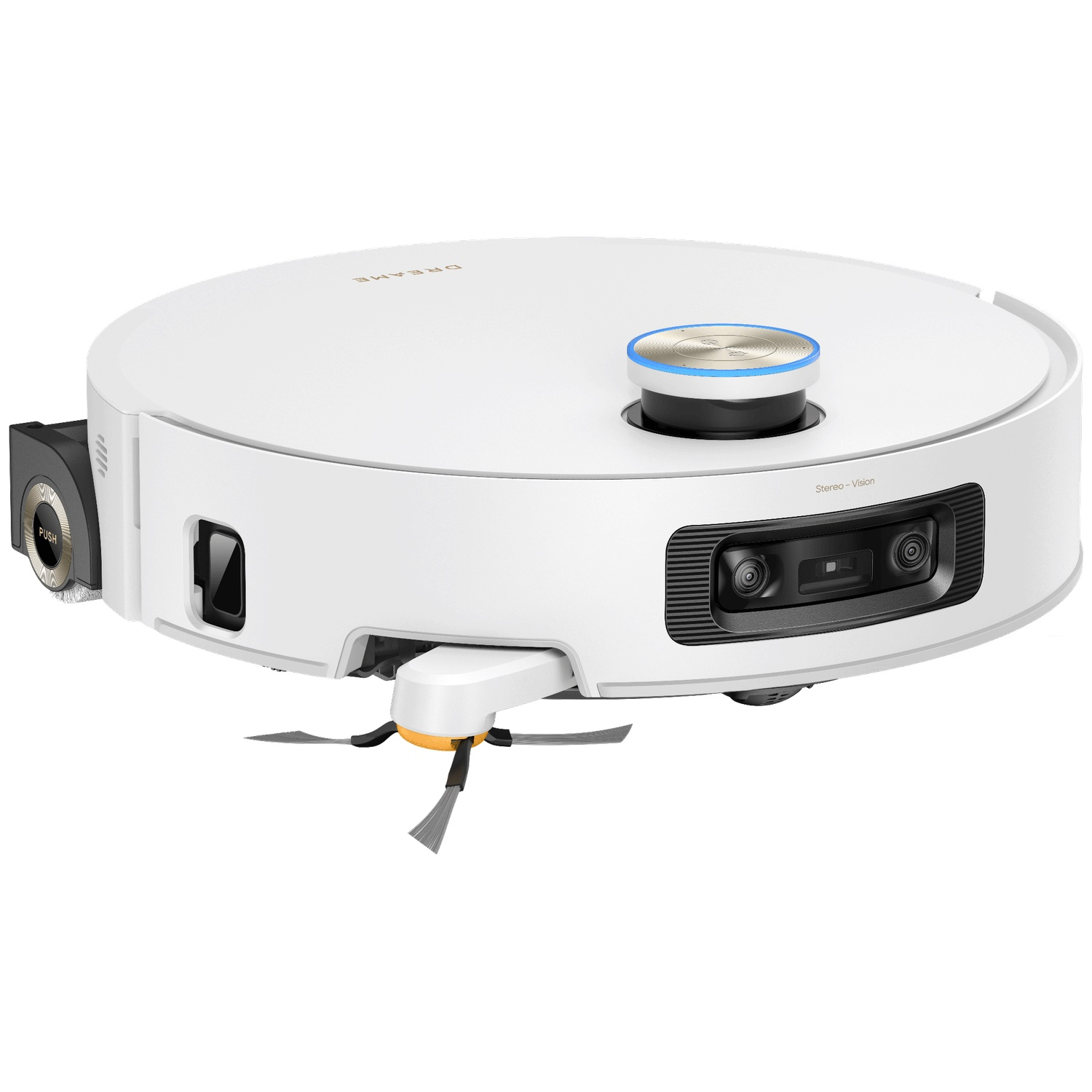 Un robot aspirateur blanc avec caméras, tour LiDAR et brosse latérale extensible sur fond blanc.