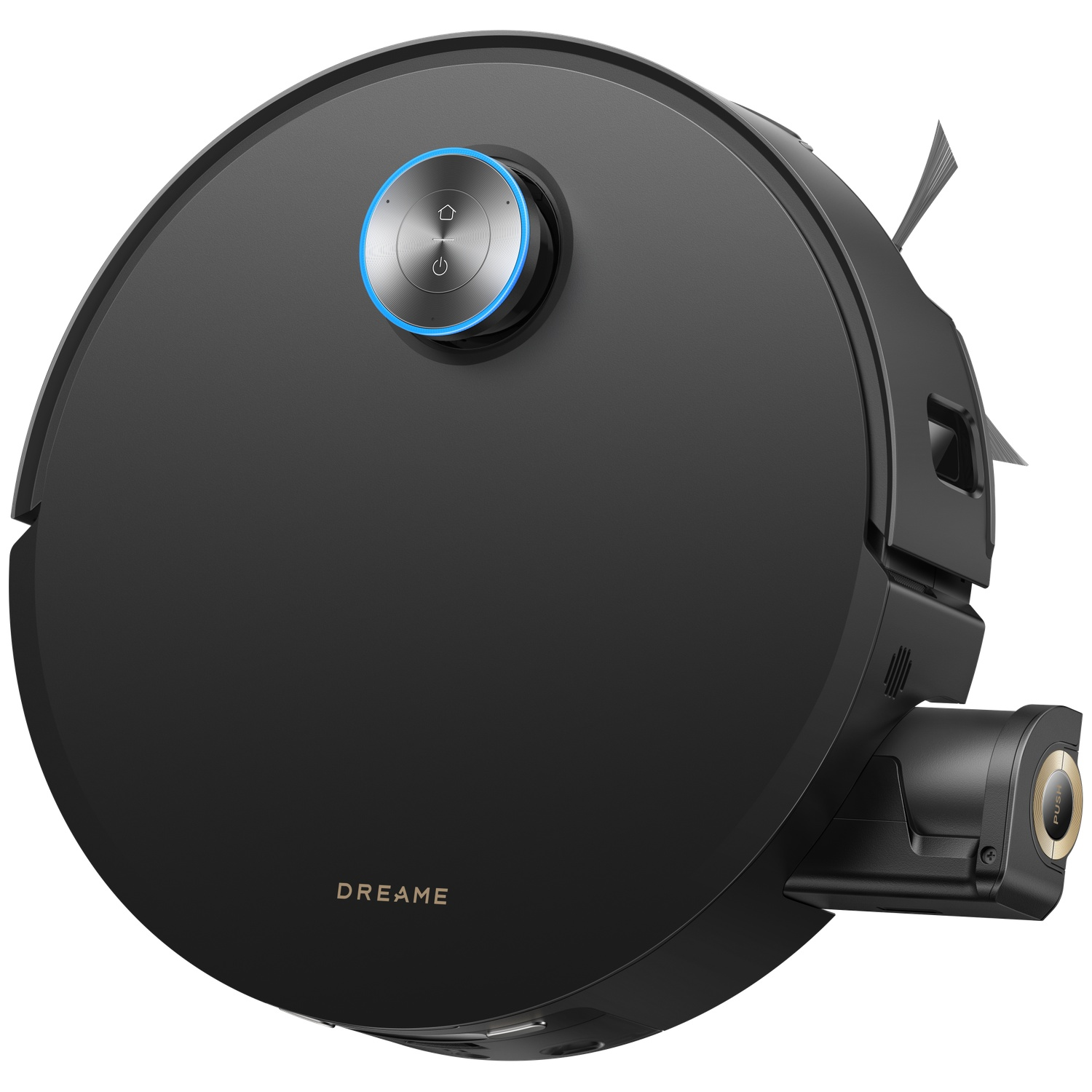 Un aspirateur robot Dreame noir avec capteur laser rond et anneau LED bleu sur fond blanc.
