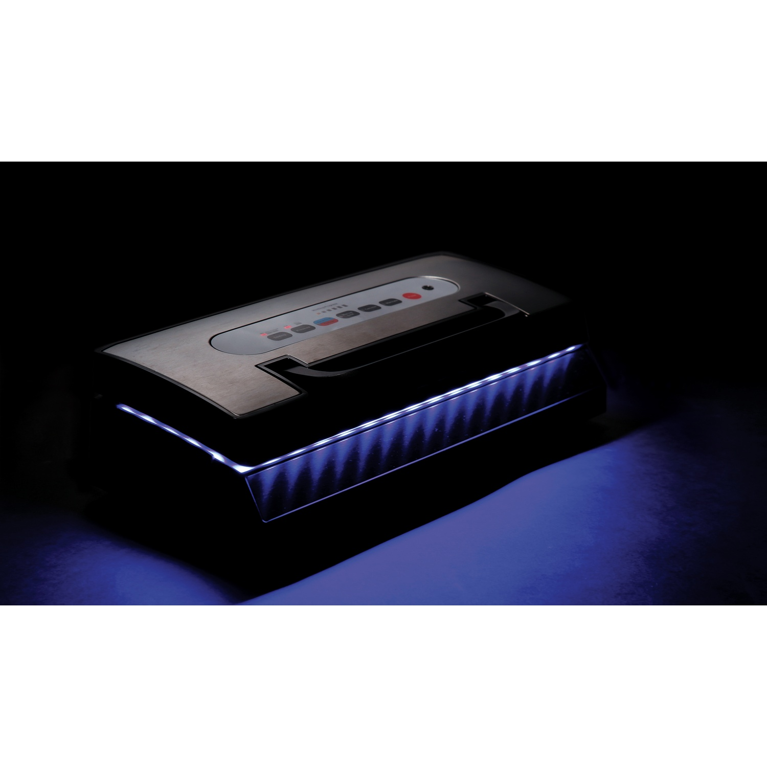 Una macchina sottovuoto nera con luci blu luminose sul lato, su sfondo scuro.