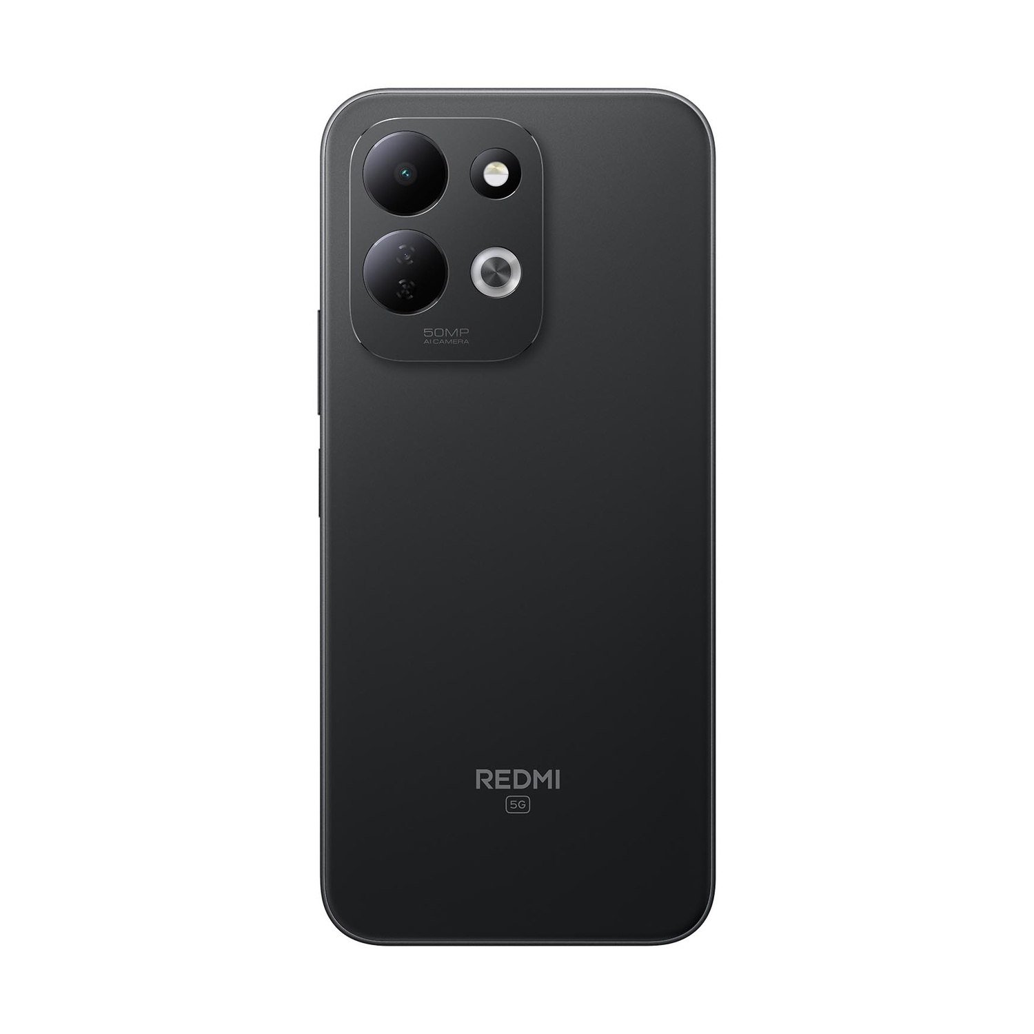 Il retro di uno smartphone Redmi nero con modulo a doppia fotocamera e logo Redmi 5G.