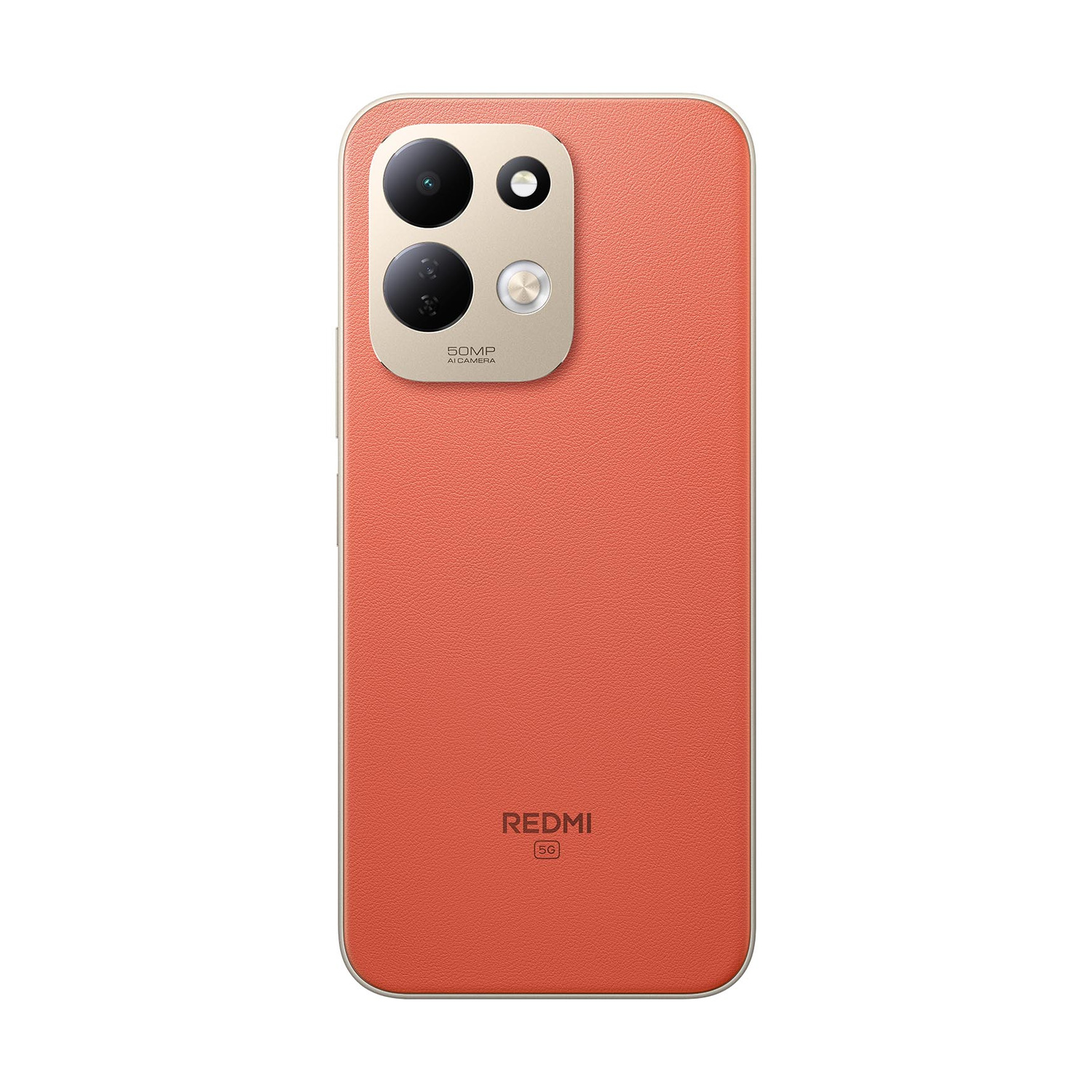 Retro di uno smartphone Redmi arancione con doppia fotocamera ed etichetta 50MP.
