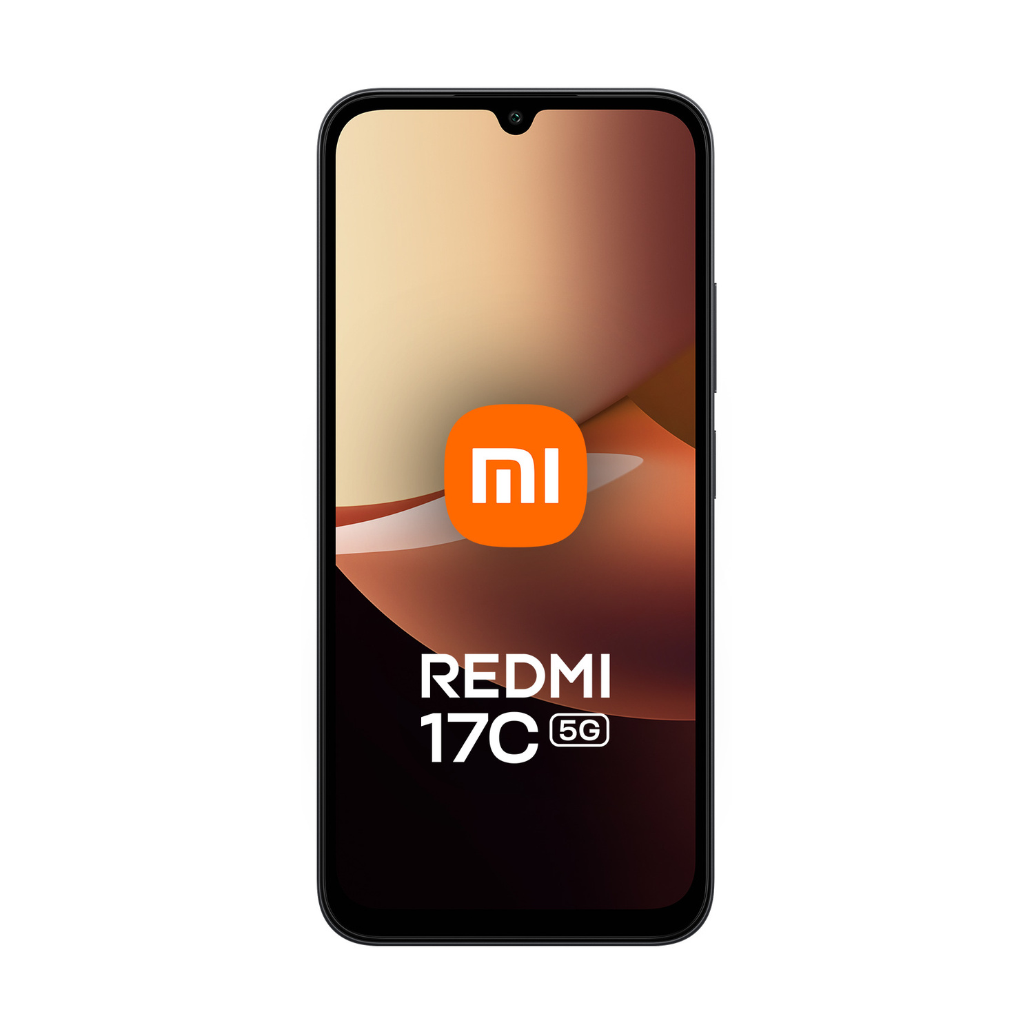 Smartphone nero Redmi 17C 5G con logo Mi sullo schermo.