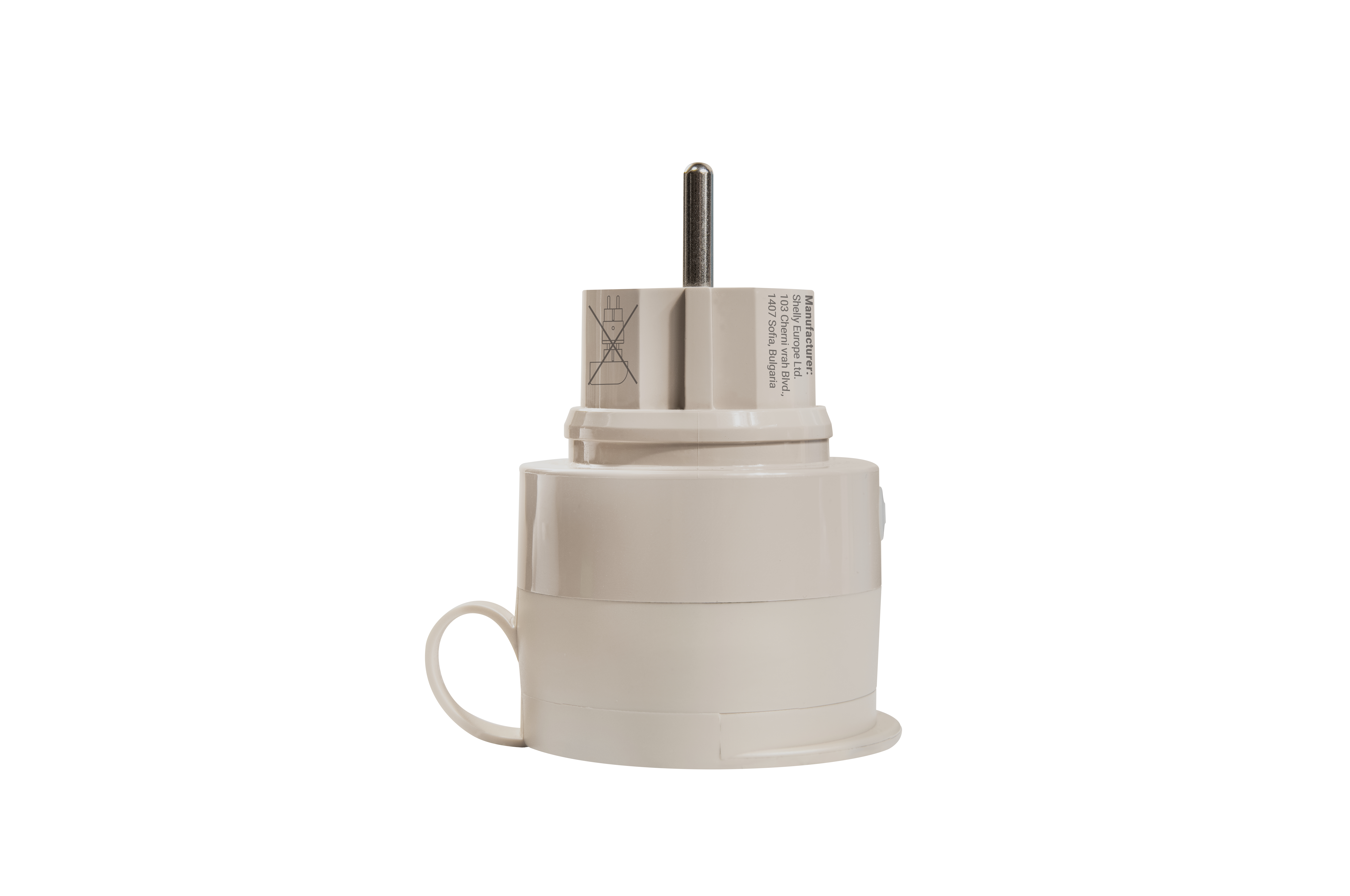 Ein beiger Smart-Plug-Adapter mit Schutzerdstift und Herstellertext vor weißem Hintergrund.