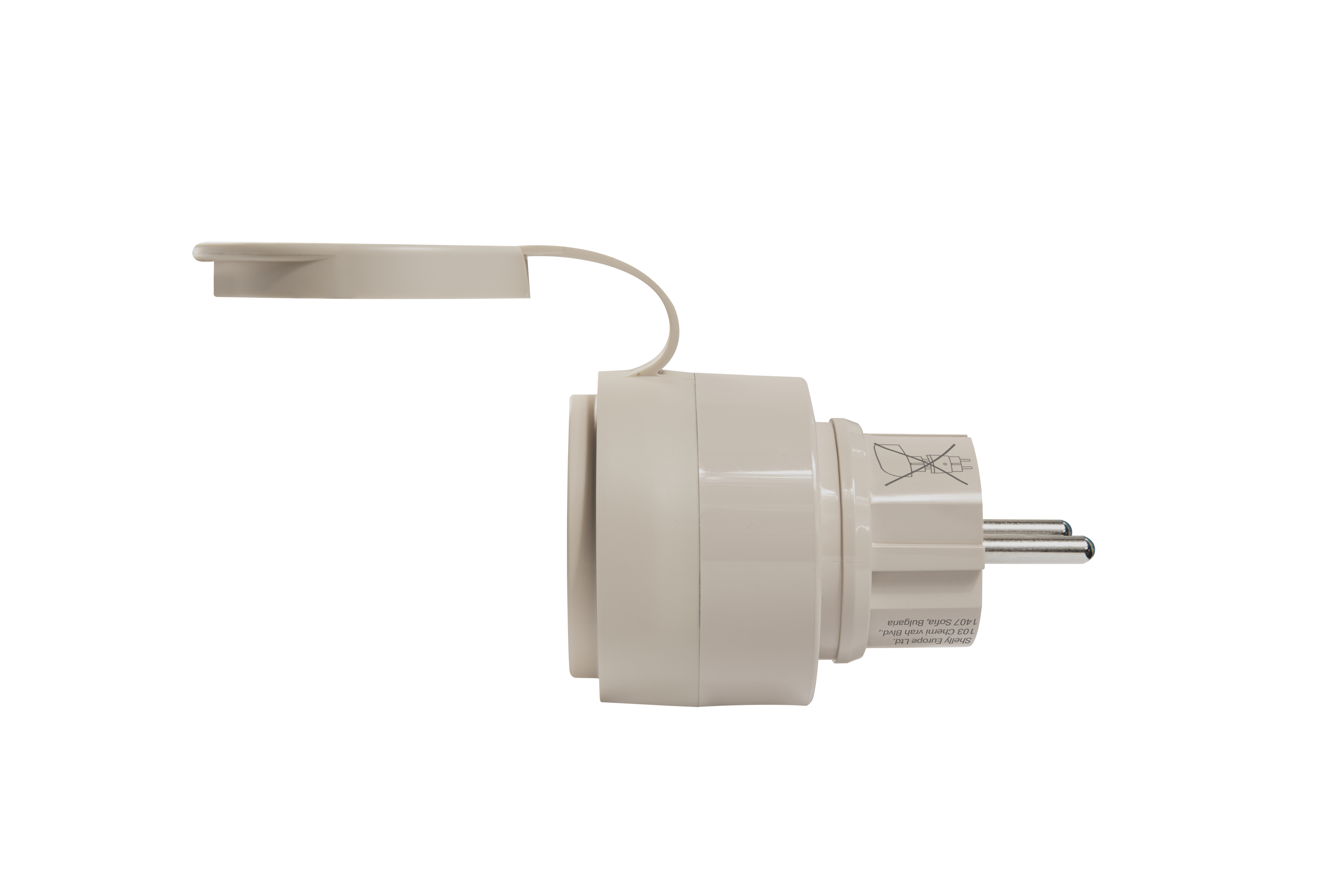Beigefarbener Smart-Stecker mit Deckel und zwei Pins in Seitenansicht auf weißem Hintergrund.