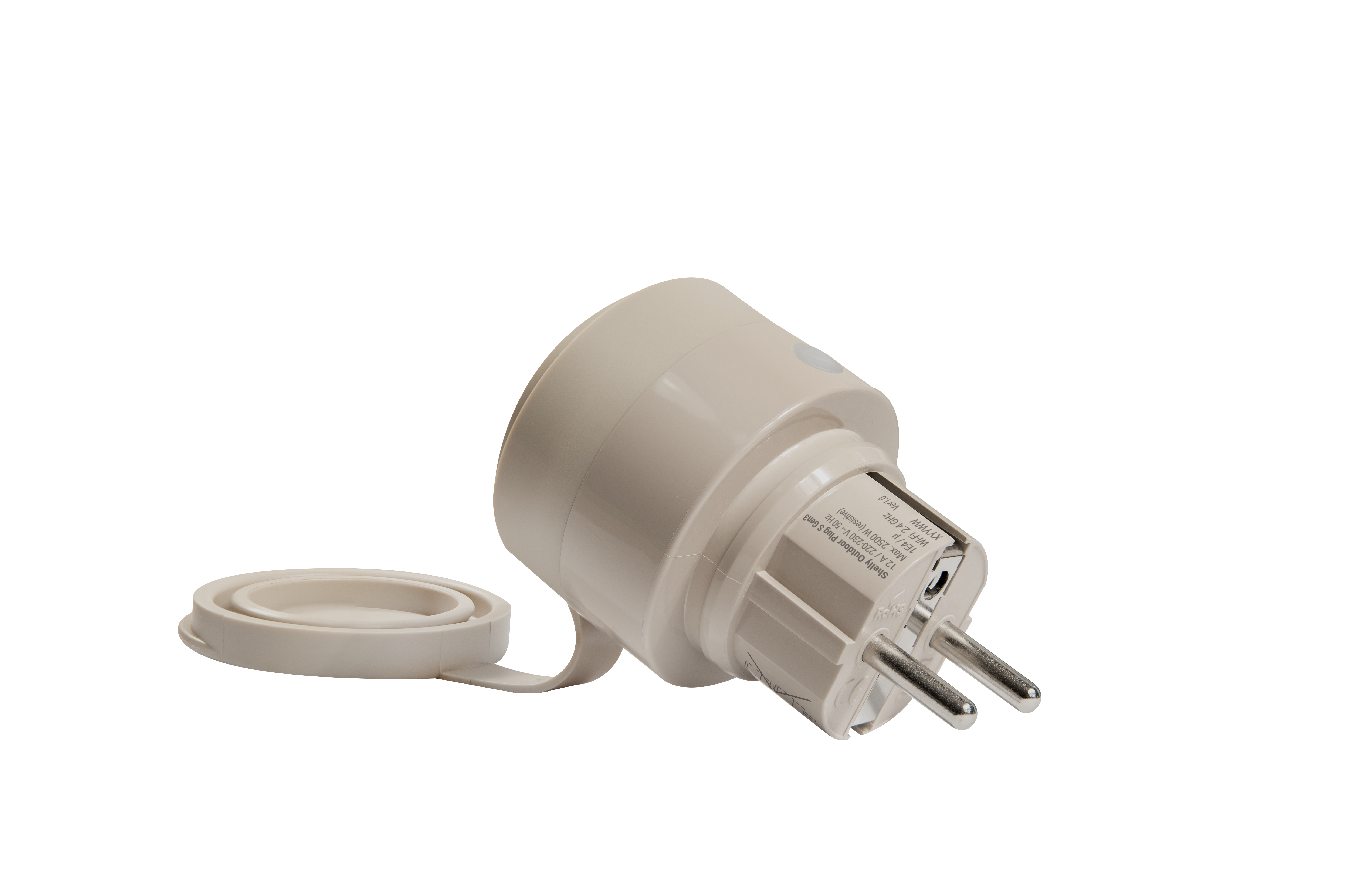 Ein grauer intelligenter Outdoor-Stecker mit Schutzkappe und zwei Metallstiften auf weißem Hintergrund.