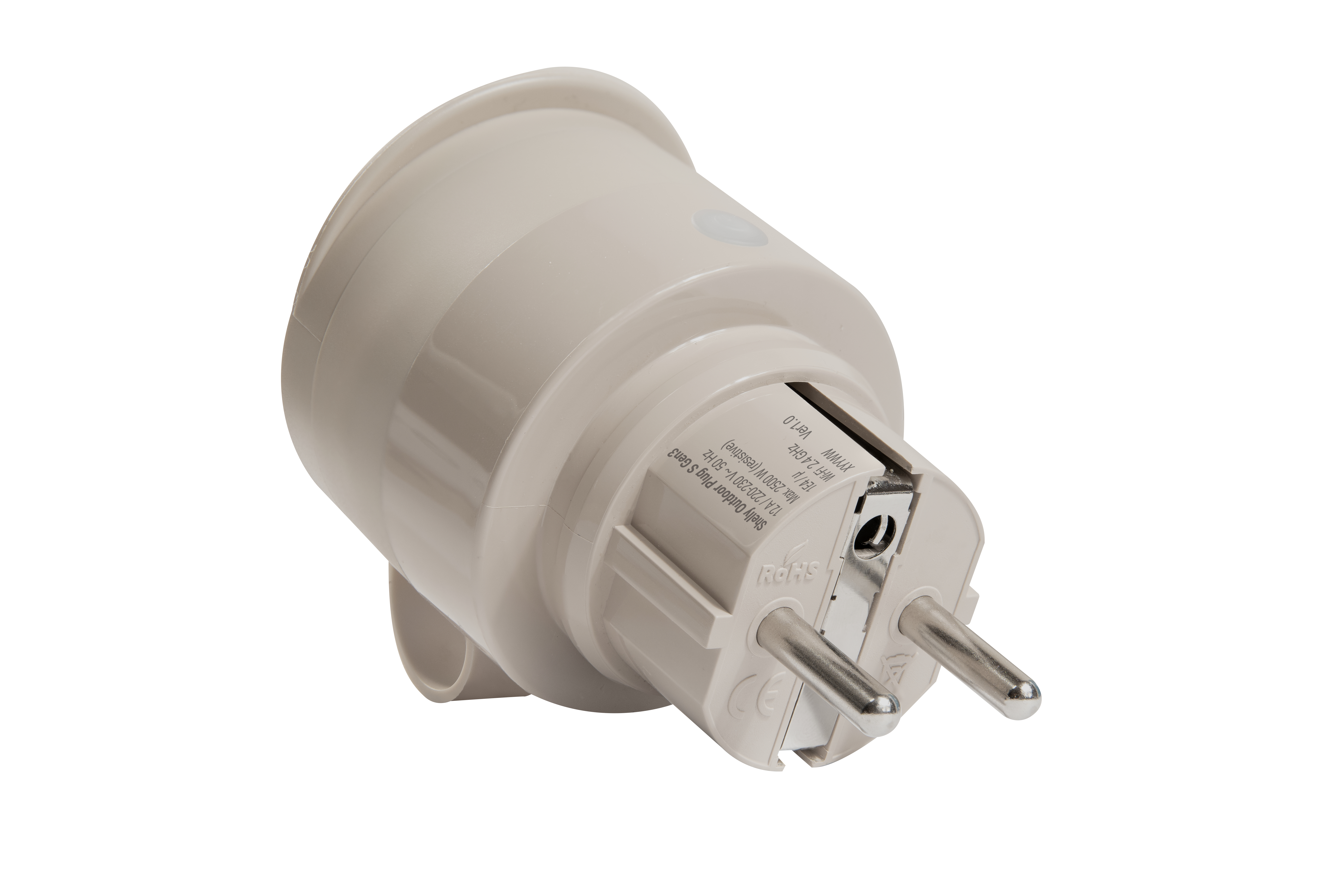 Ein grauer intelligenter Außenstecker mit zwei Metallstiften auf weißem Hintergrund.