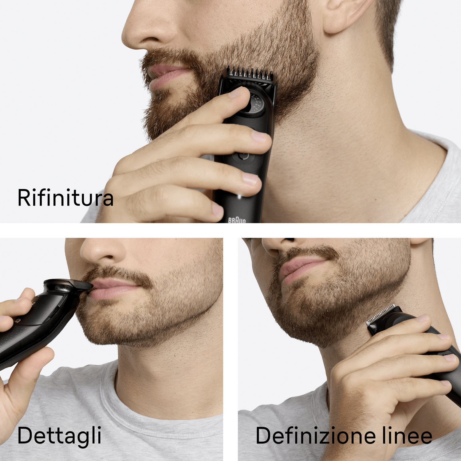 Un uomo rifinisce, dettaglia e definisce la sua barba con un rifinitore nero.