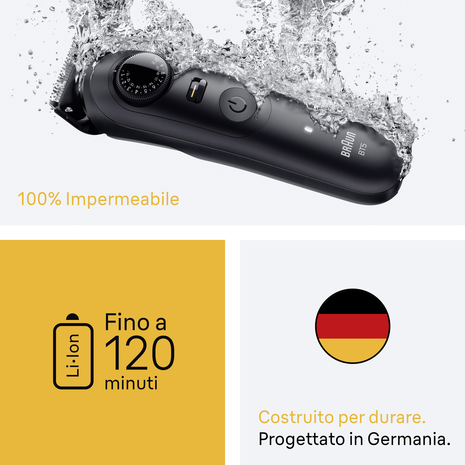 Un rifinitore per barba Braun nero immerso nell'acqua con icone di batteria e design tedesco sotto.