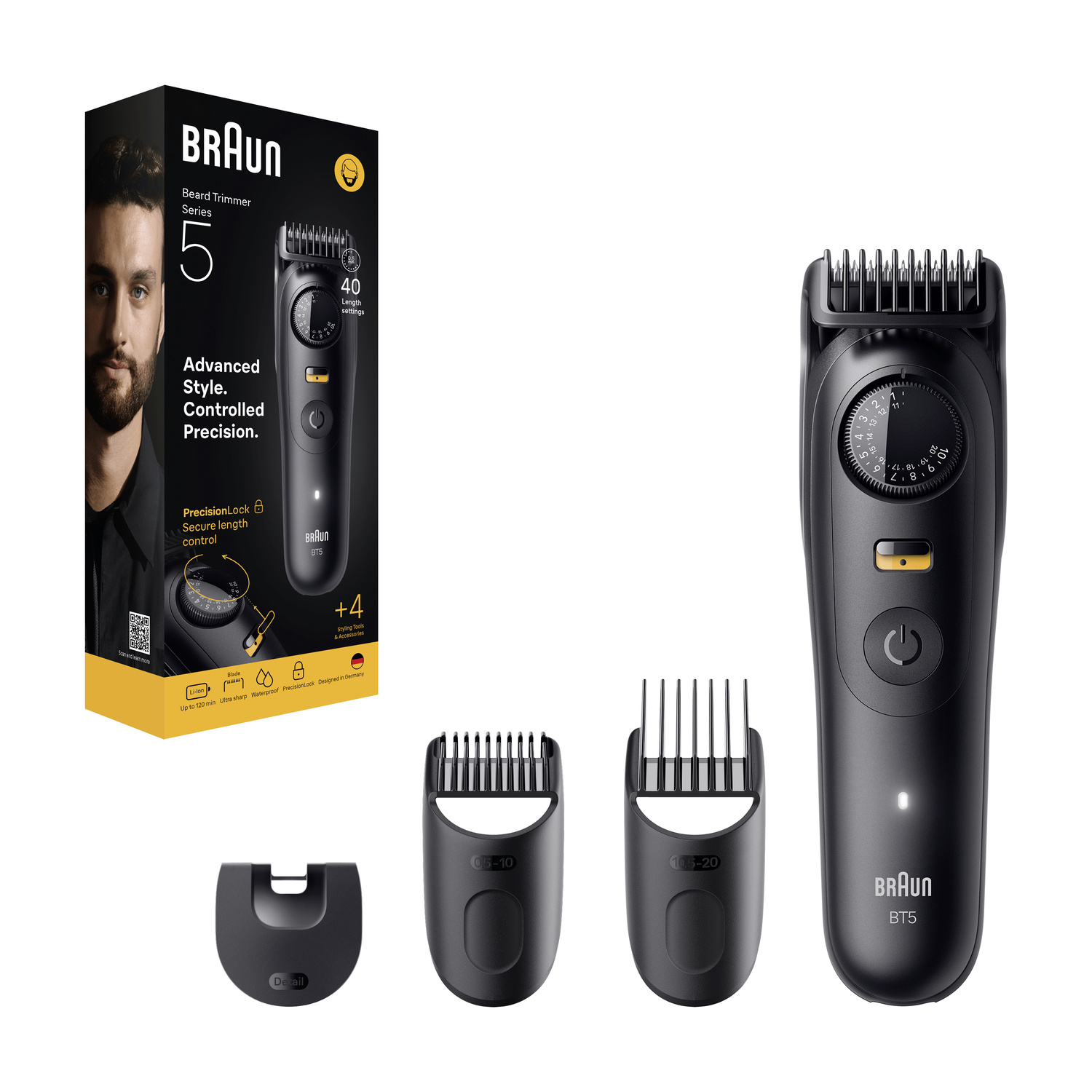 Un tagliabarba nero Braun Series 5 con accessori e scatola del prodotto.