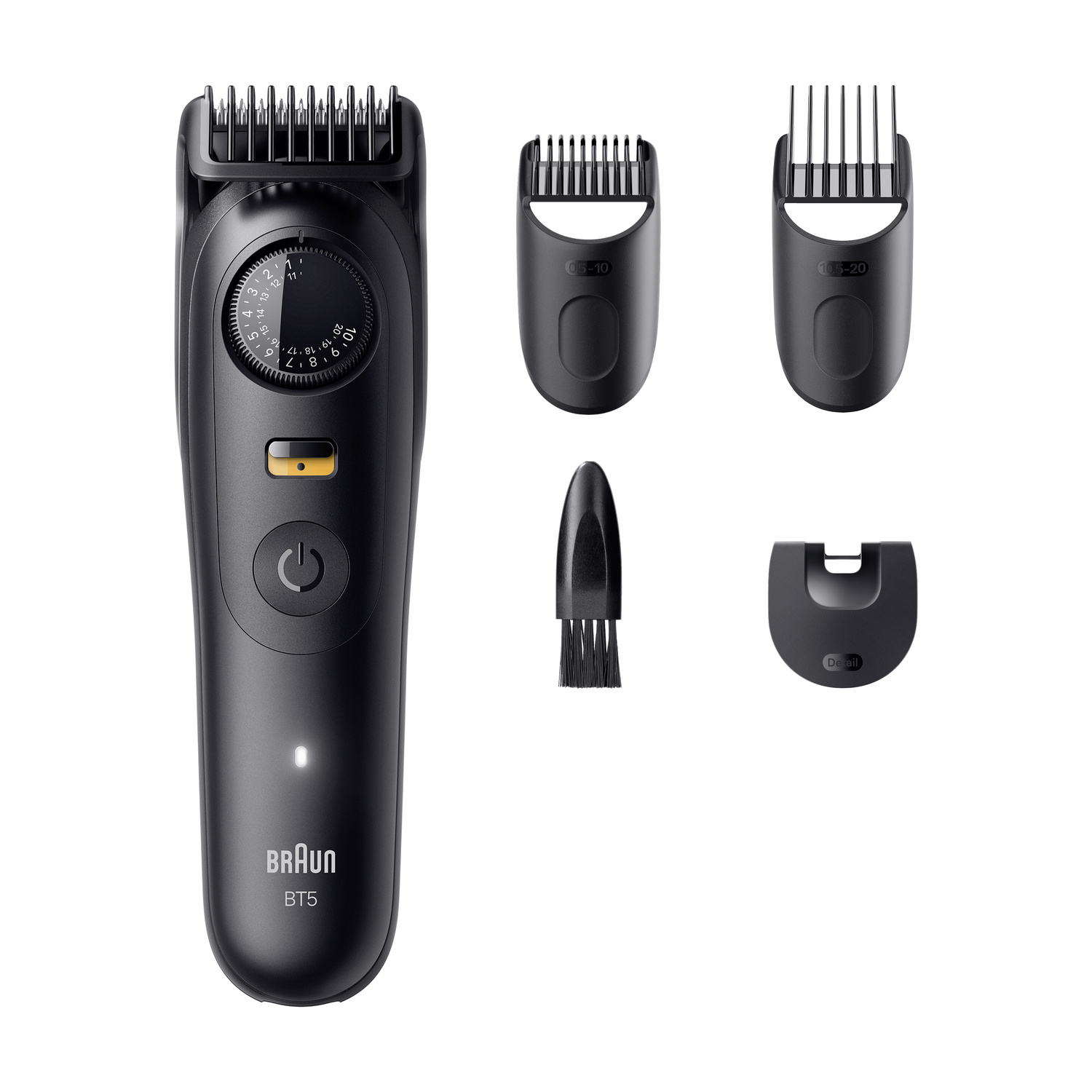 Regolabarba nero Braun BT5 con vari accessori e spazzola di pulizia.