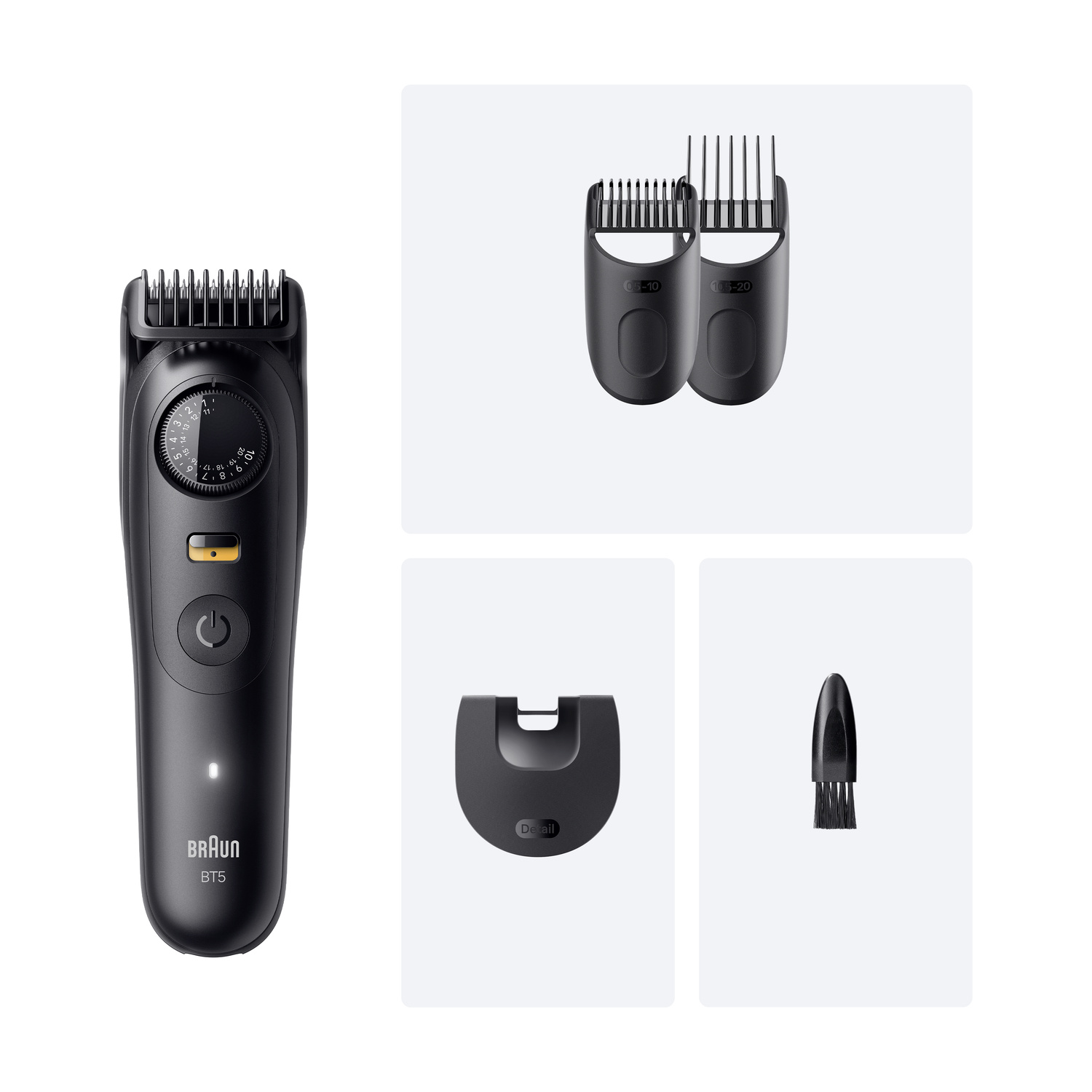 Regolabarba nero Braun BT5 con pettini, rifinitore di precisione e spazzola su sfondo chiaro.