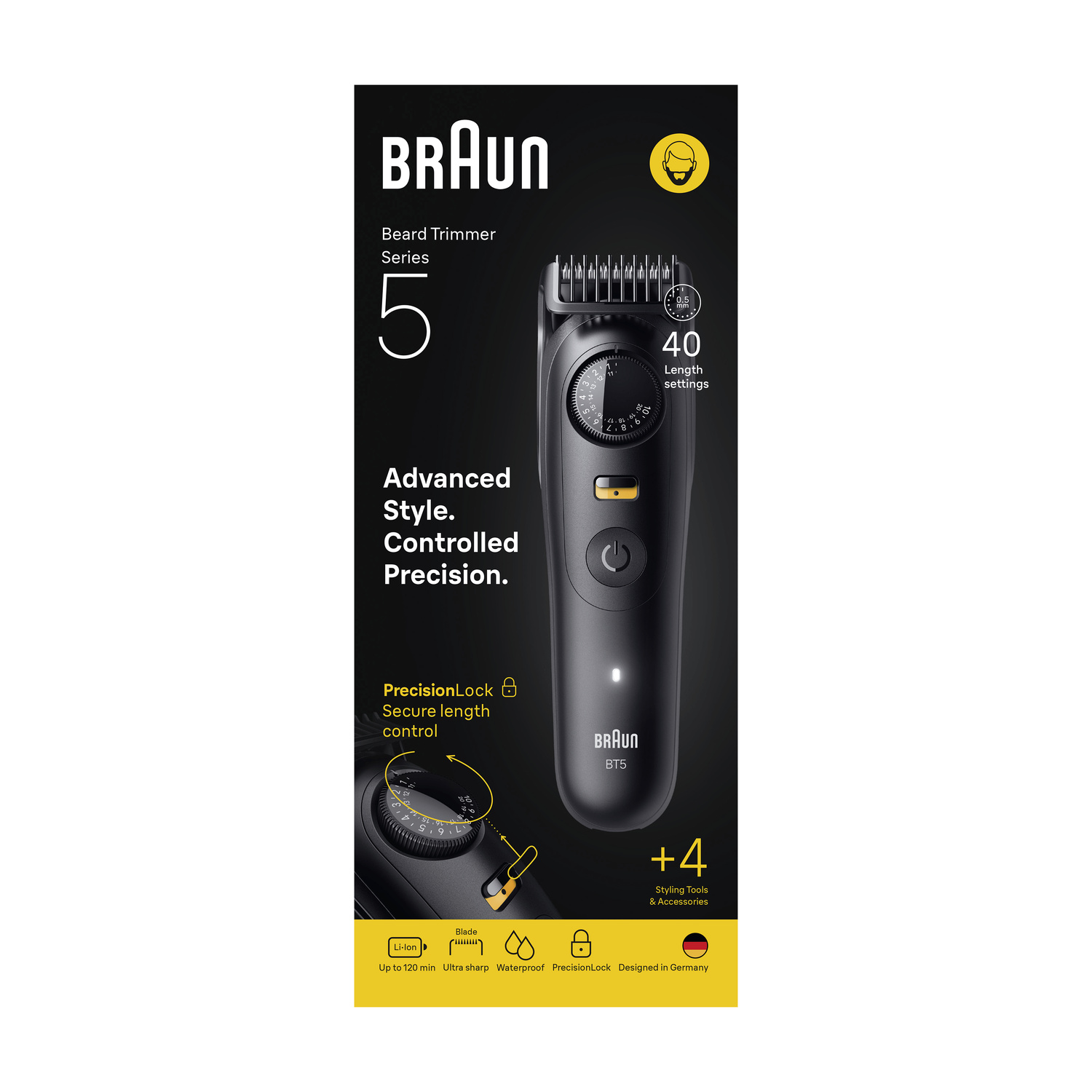 Confezione del regola barba Braun Series 5, con il dispositivo nero, caratteristiche e testo su sfondo nero e giallo.