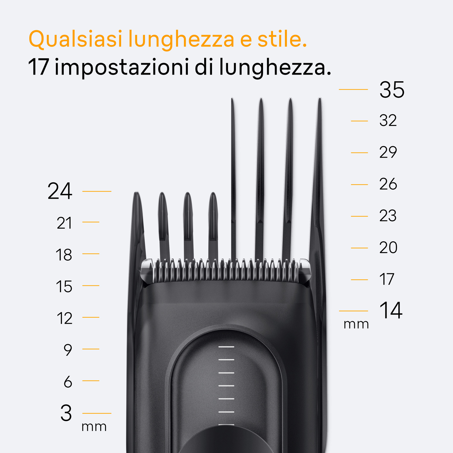 Tagliacapelli con impostazioni di lunghezza regolabili da 3 a 35 mm.