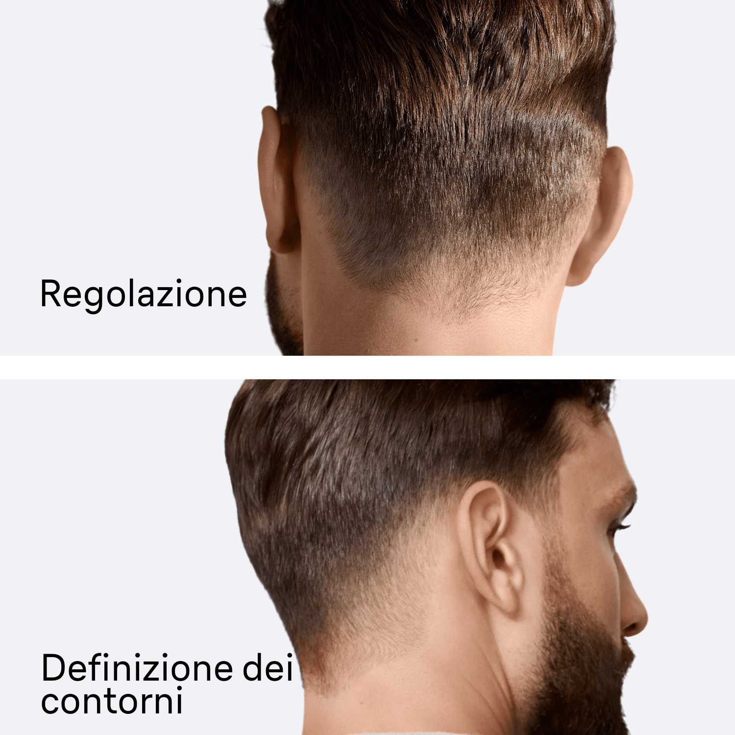 Due immagini di un uomo con taglio corto e barba, con testo in italiano.
