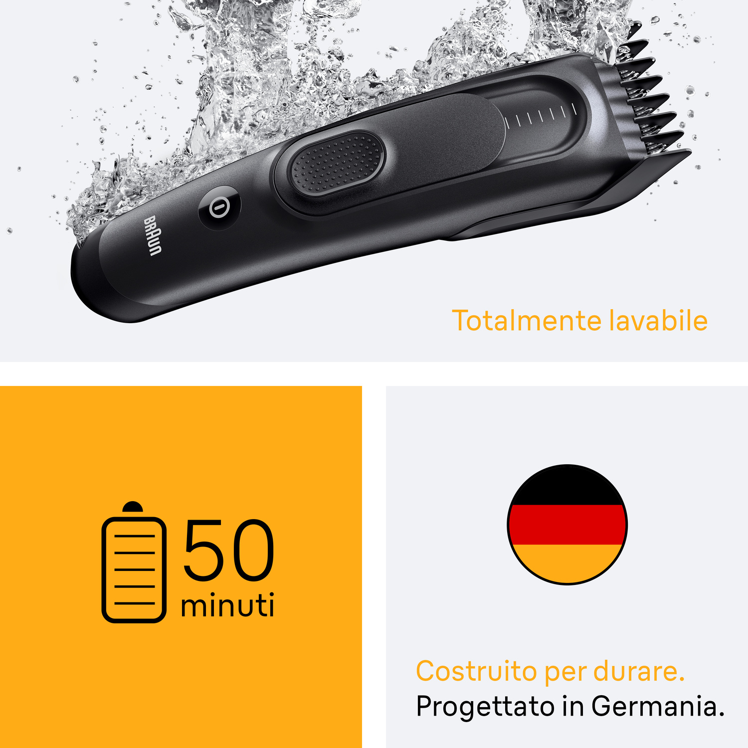 Rasoio Braun lavabile con 50 minuti di autonomia e progettato in Germania.