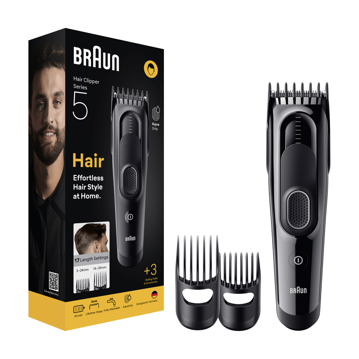Tagliacapelli Braun Series 5 mostrato nella confezione con due pettini e accessori.