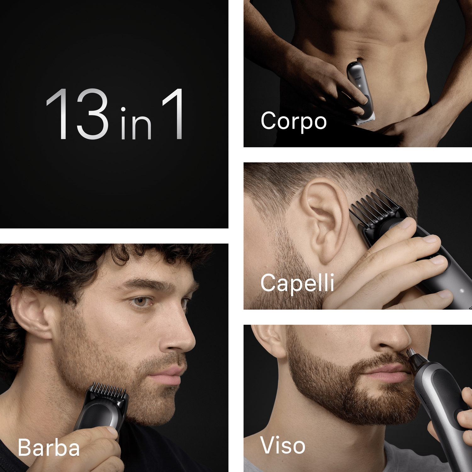 Un collage che mostra un kit di toelettatura 13 in 1 per corpo, capelli, barba e viso.