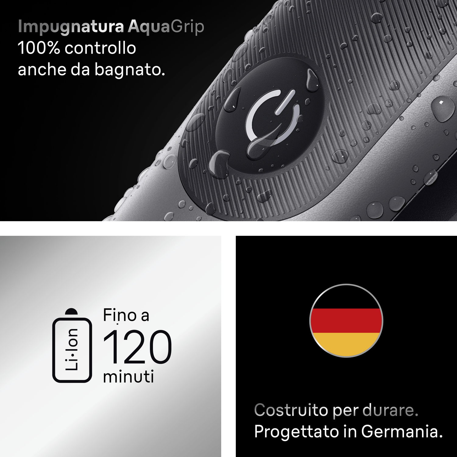 Impugnatura rasoio impermeabile, batteria Li-Ion da 120 minuti e design ingegneristico tedesco.