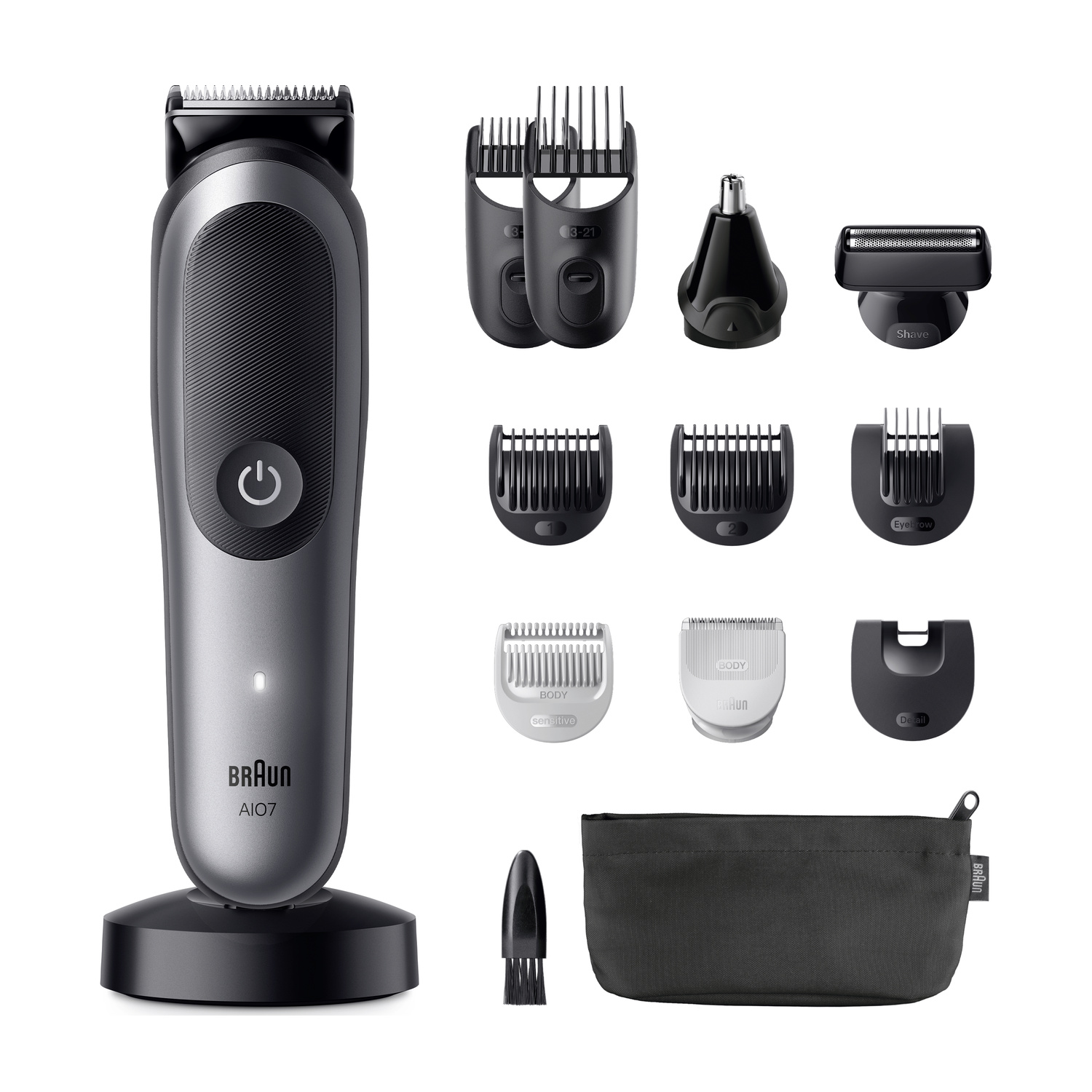 Regolabarba Braun grigio con vari accessori e custodia.
